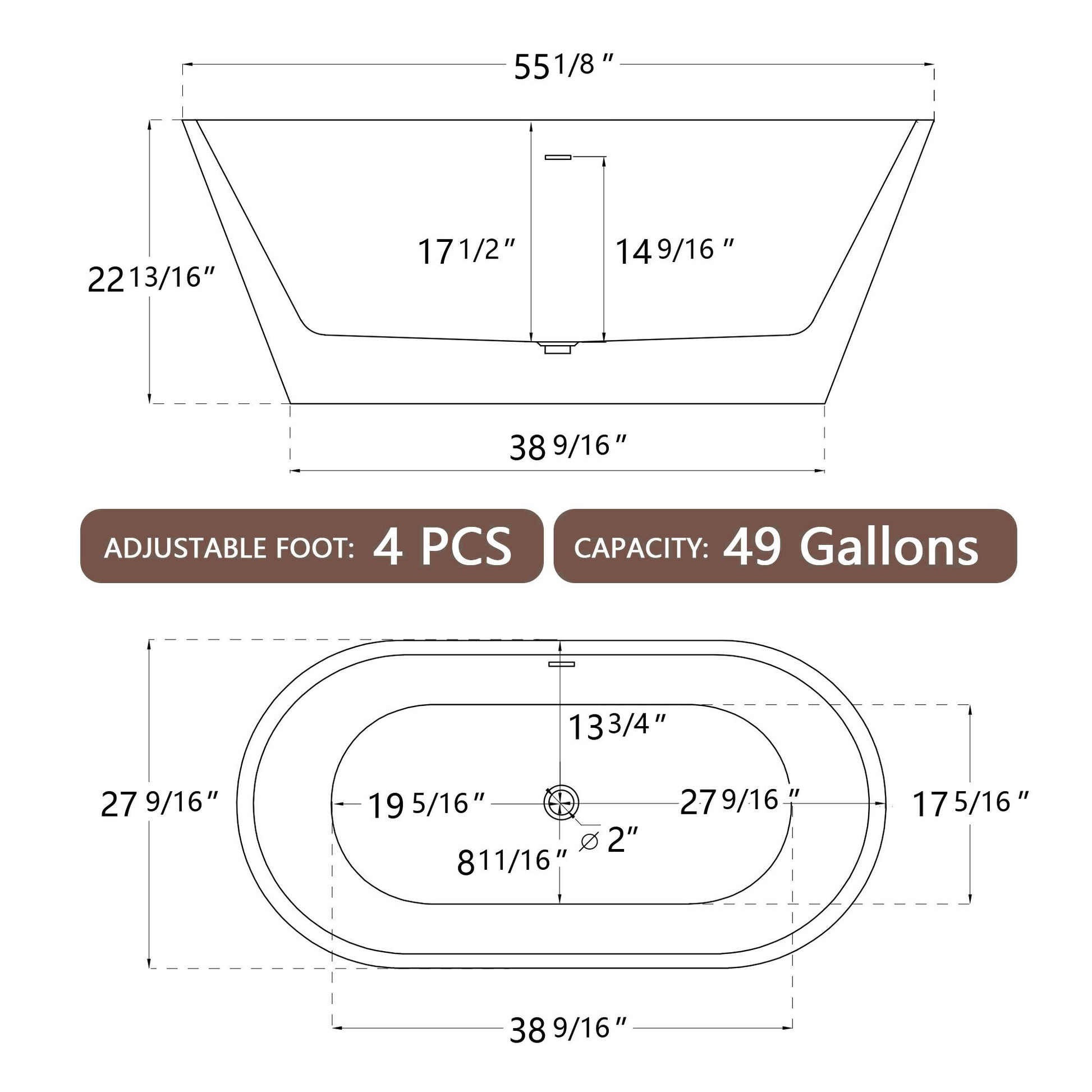 55" Acrylic Free Standing Tub Classic Oval Shape Soaking Tub, Adjustable Freestanding Bathtub With Integrated Slotted Overflow And Chrome Pop Up Drain Anti Clogging Gloss Black Black Oval Bathroom Freestanding Tubs Polished Less Than 59 In Modern Soaking