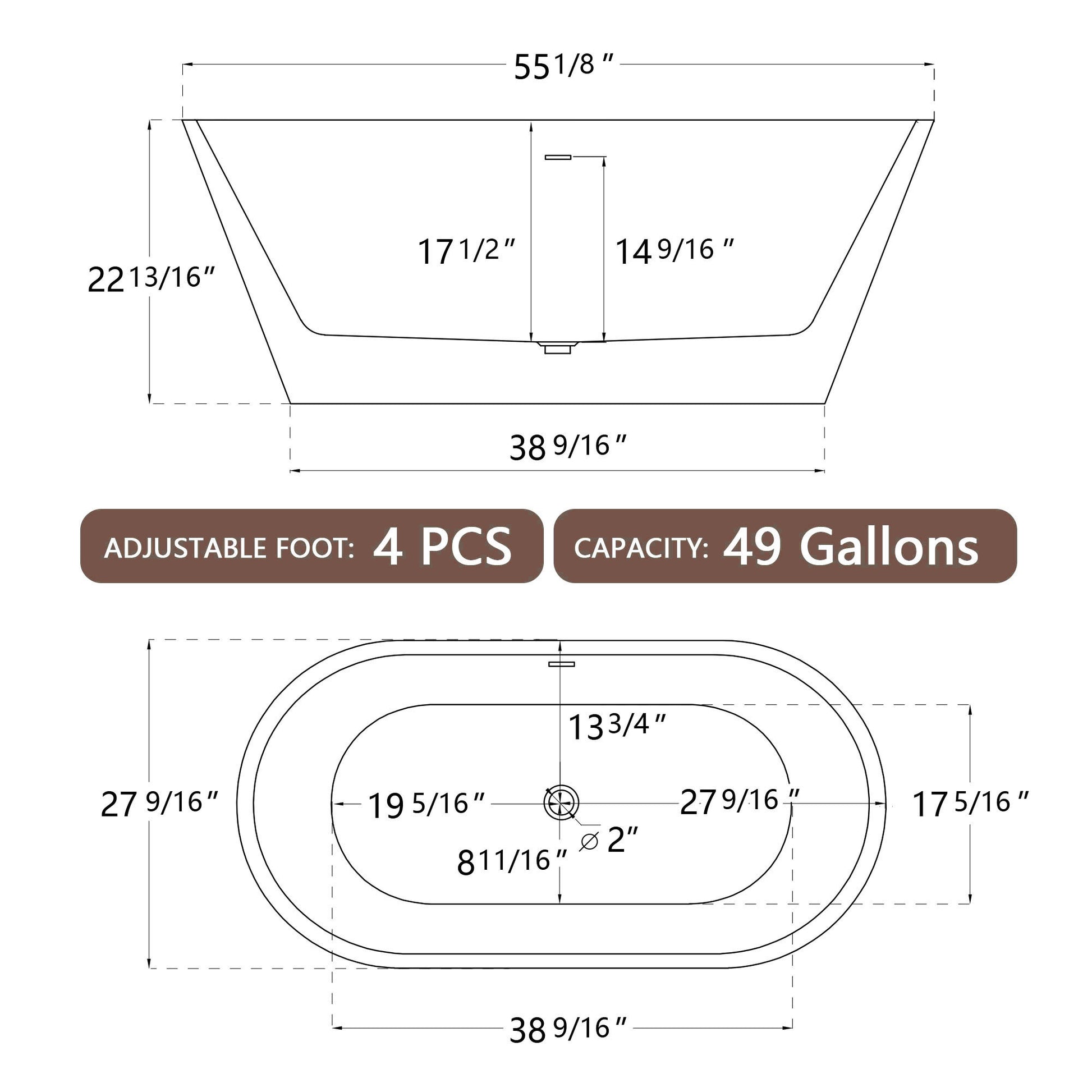 55" Acrylic Free Standing Tub Classic Oval Shape Soaking Tub, Adjustable Freestanding Bathtub With Integrated Slotted Overflow And Chrome Pop Up Drain Anti Clogging Gloss White Gloss White Oval Bathroom Freestanding Tubs Polished Less Than 59 In Modern