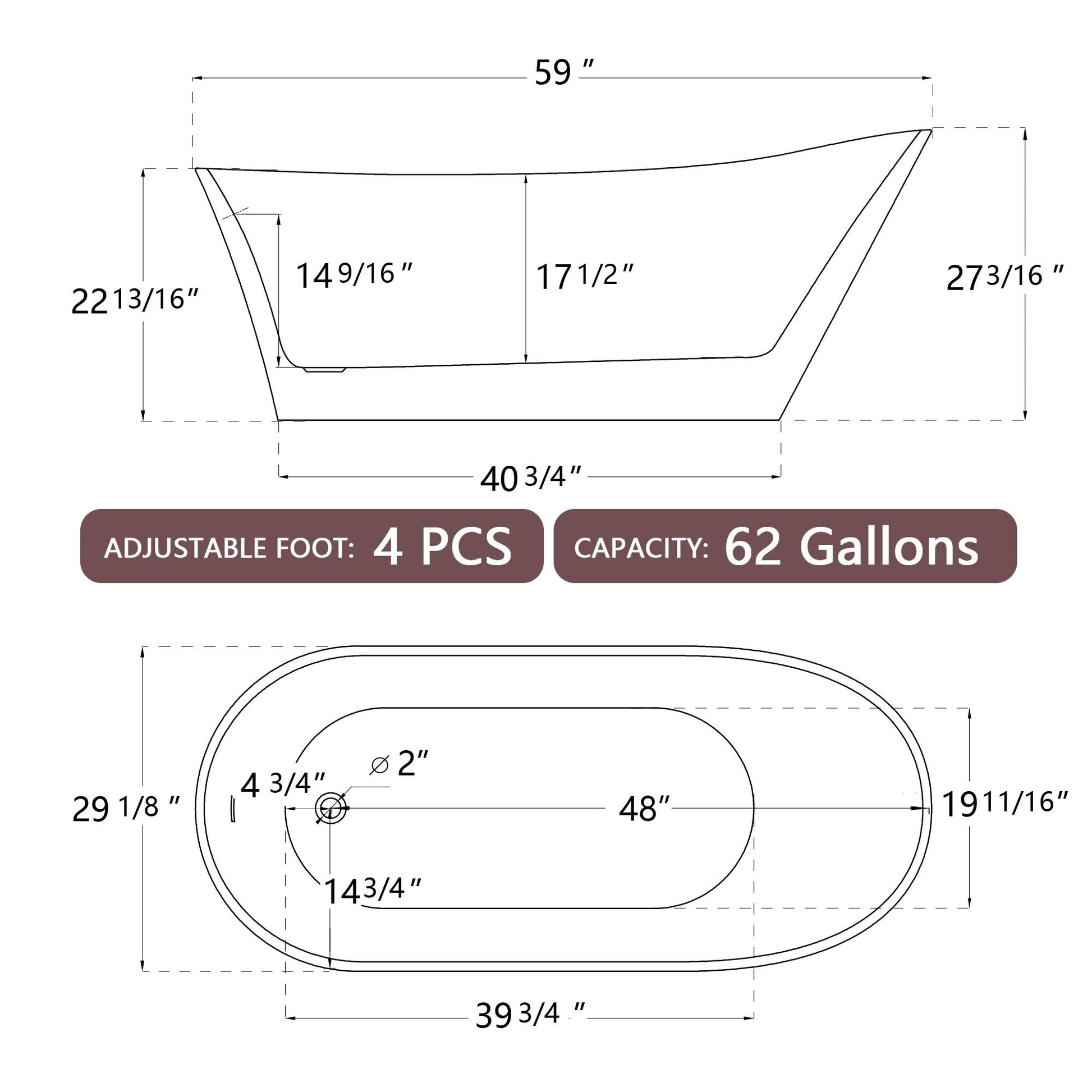 59" Acrylic Free Standing Tub Classic Oval Shape Soaking Tub, Adjustable Freestanding Bathtub With Integrated Slotted Overflow And Chrome Pop Up Drain Anti Clogging Black Black Oval Bathroom Freestanding Tubs Polished 59 61 In Modern Soaking Reversible