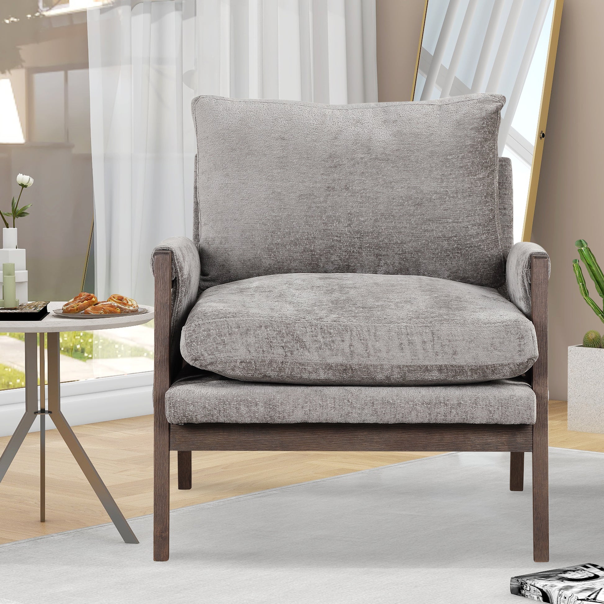 Mid Century Modern Velvet Accent Chair,Leisure Chair With Solid Wood And Thick Seat Cushion For Living Room,Bedroom,Studio,Grey Grey Foam Velvet