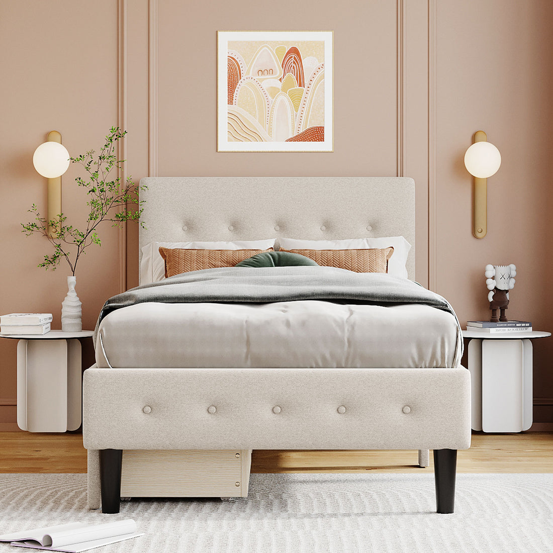 Twin Size Upholstered Platform Bed With 2 Drawers, Beige Beige Upholstered