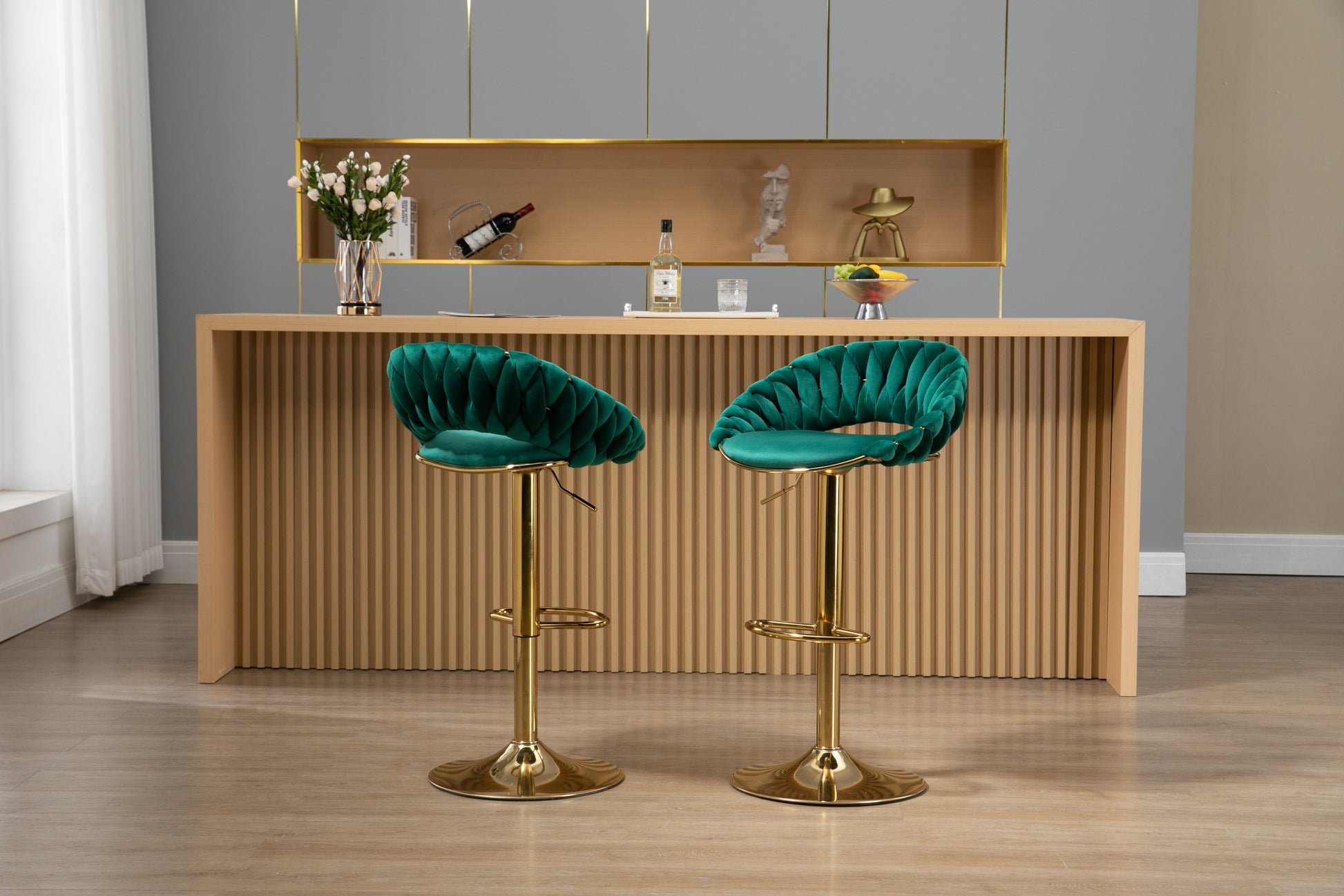 Coolmore Swivel Bar Stools Set Of 2 Adjustable Counter Height Chairs With Footrest For Kitchen, Dining Room 2Pc Set Emerald Polyester