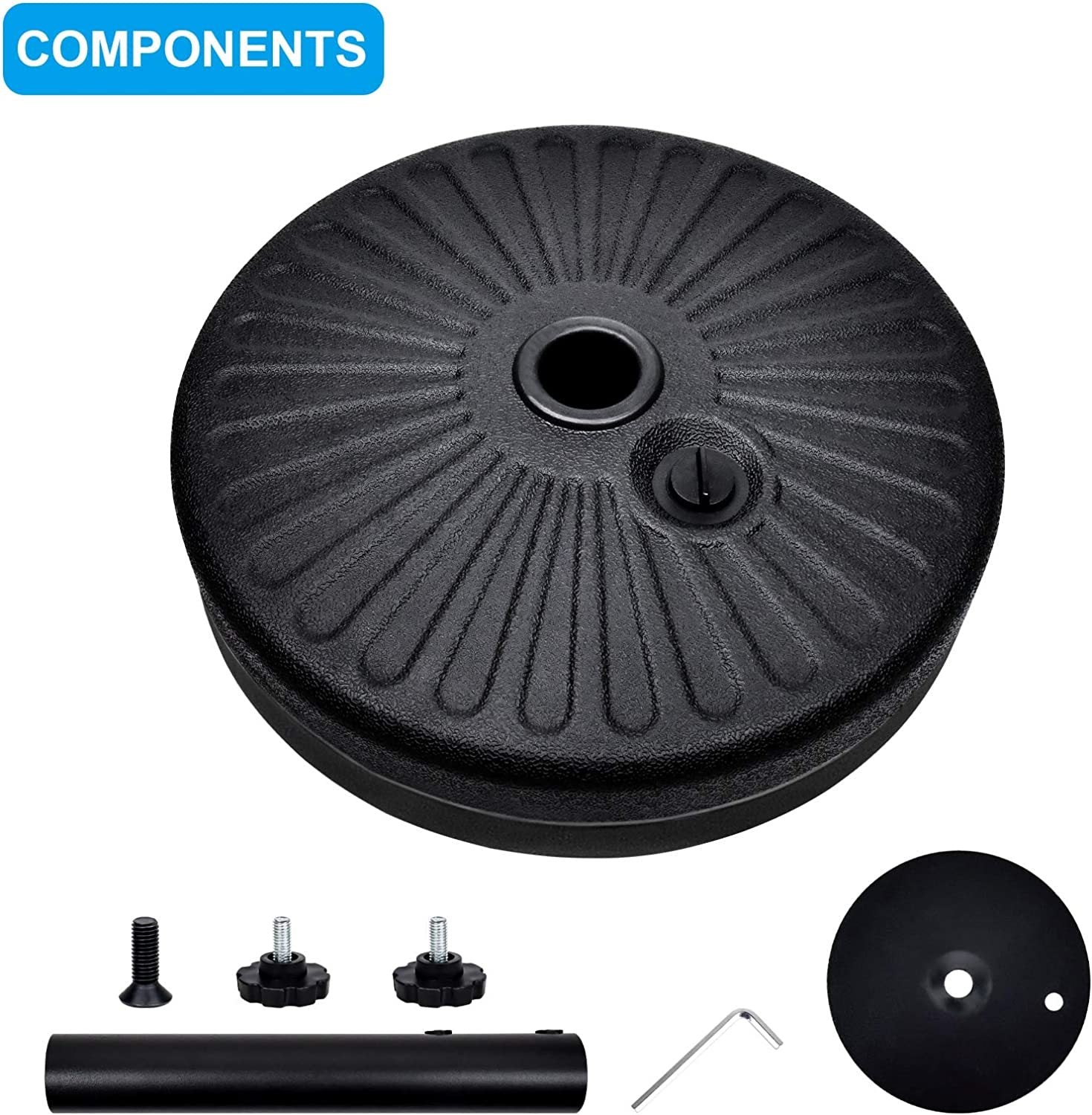 Simple Deluxe 20" Heavy Duty Patio Market Umbrella Stand With Steel Holder Water Filled For Outdoor, Lawn, Garden, 20Inch, Round Base Black Plastic