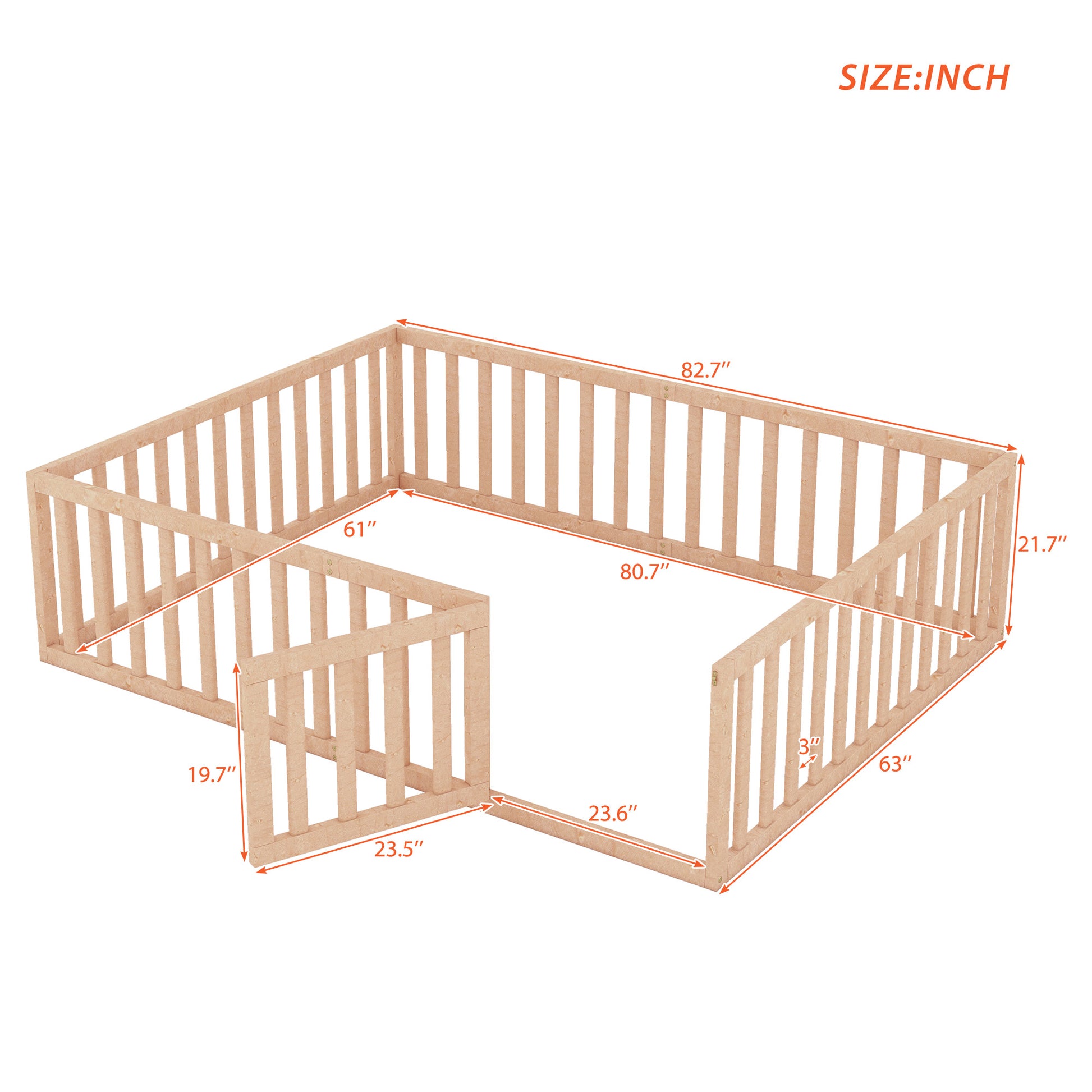 Queen Size Wood Floor Bed Frame With Fence And Door, Natural Old Sku:Wf289663Aam Natural Solid Wood