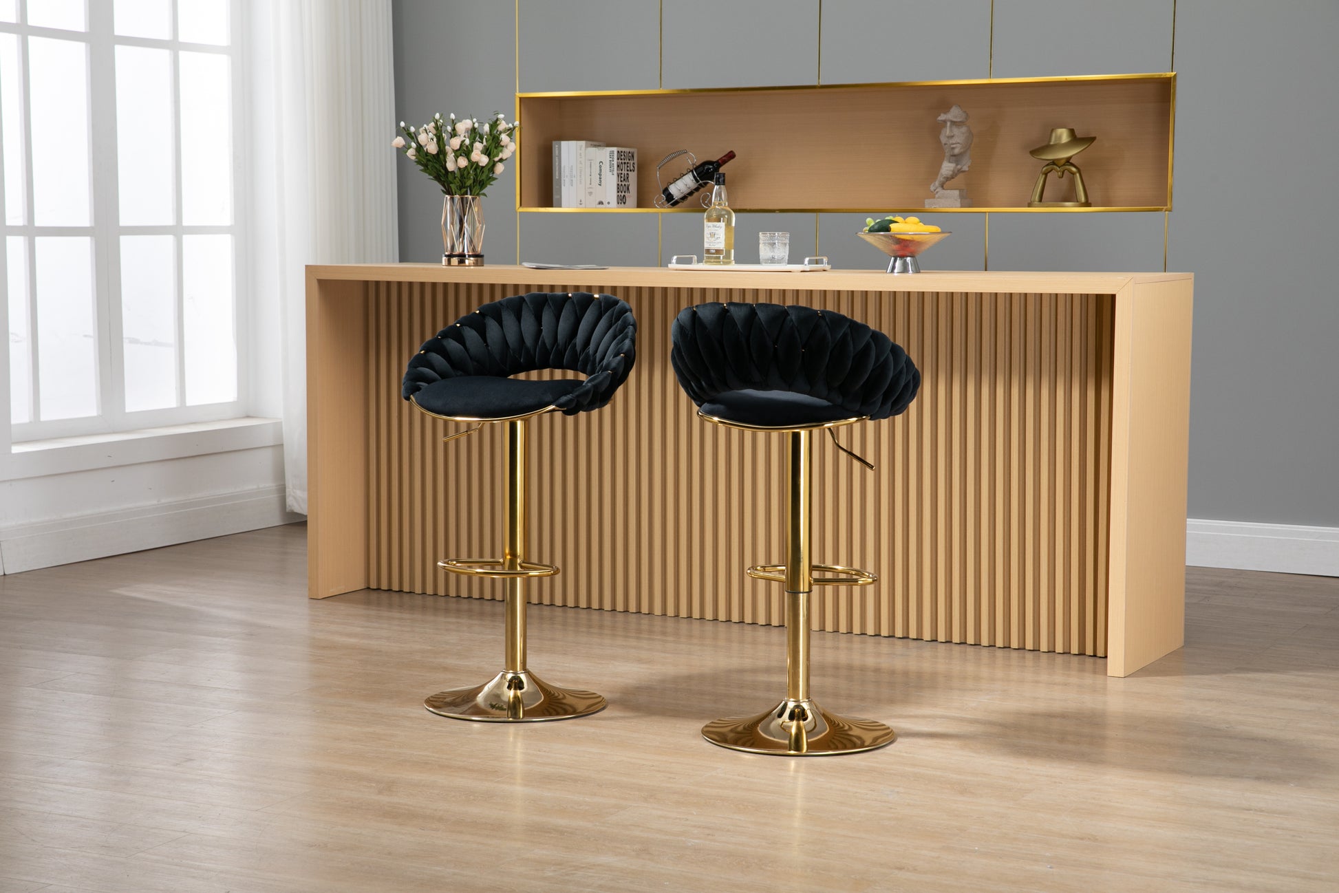 Coolmore Swivel Bar Stools Set Of 2 Adjustable Counter Height Chairs With Footrest For Kitchen, Dining Room 2Pc Set Black Polyester