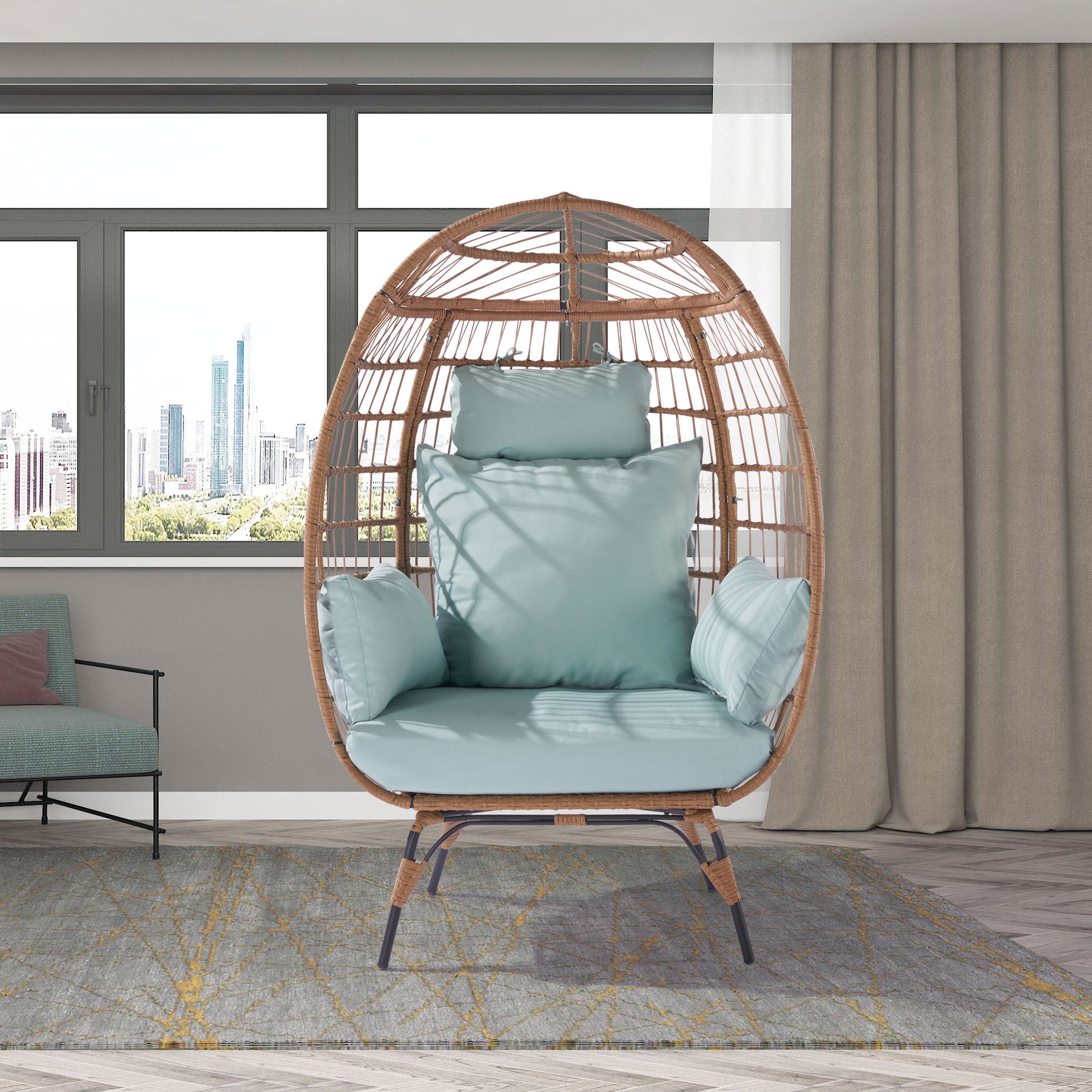 Wicker Egg Chair, Oversized Indoor Outdoor Lounger For Patio, Backyard, Living Room W 5 Cushions, Steel Frame, Light Blue Yes Complete Patio Set Blue Uv Resistant Frame Water Resistant Cushion Garden & Outdoor American Design Complete Patio Sets