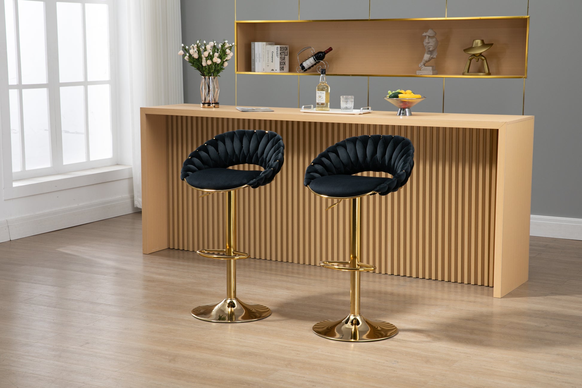 Coolmore Swivel Bar Stools Set Of 2 Adjustable Counter Height Chairs With Footrest For Kitchen, Dining Room 2Pc Set Black Polyester