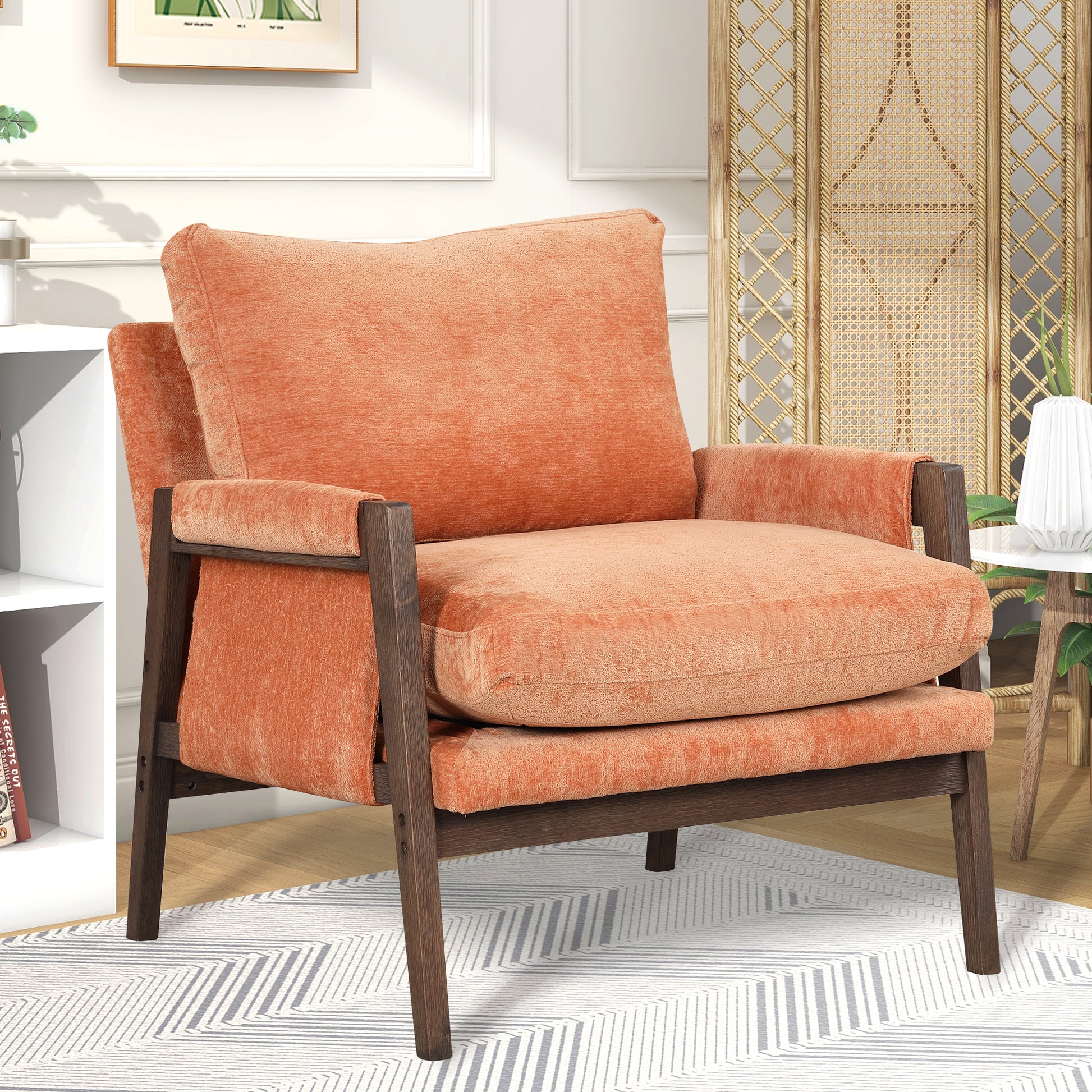 Mid Century Modern Velvet Accent Chair,Leisure Chair With Solid Wood And Thick Seat Cushion For Living Room,Bedroom,Studio,Orange Orange Foam Velvet