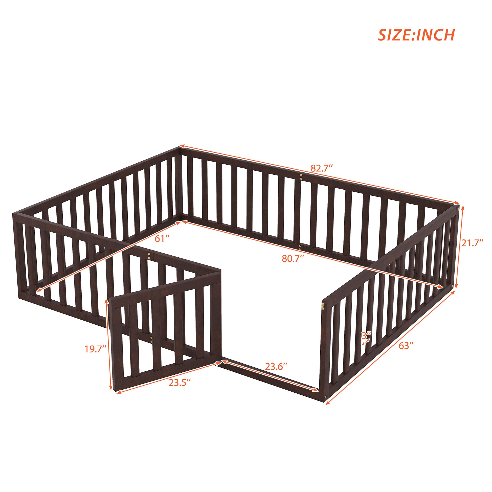 Queen Size Wood Floor Bed Frame With Fence And Door, Walnut Old Sku:Wf289663Aal Walnut Solid Wood