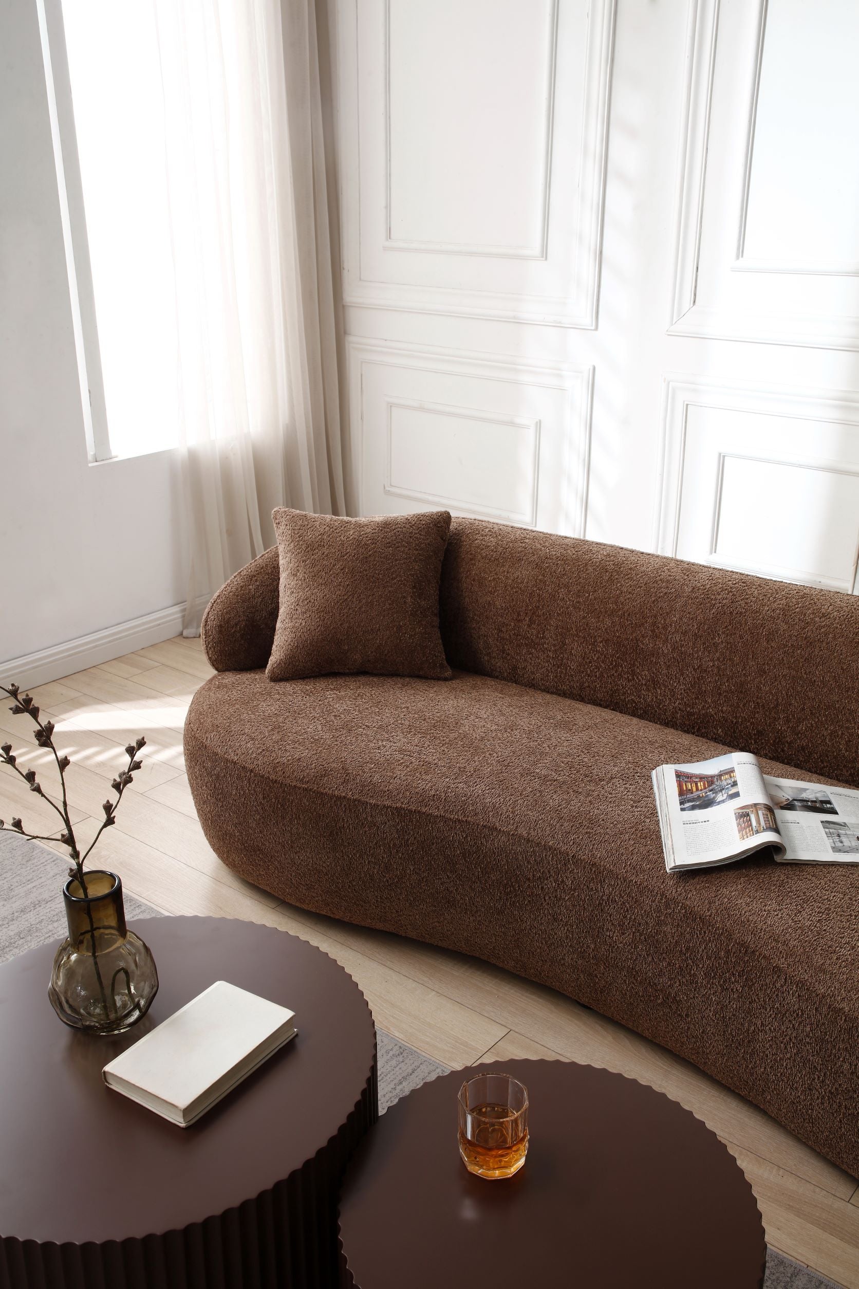 Borwn Mid Century Modern Curved Sofa, 3 Seat Cloud Couch Boucle Sofa Fabric Couch For Living Room, Bedroom, Office Dark Brown Boucle 3 Seat