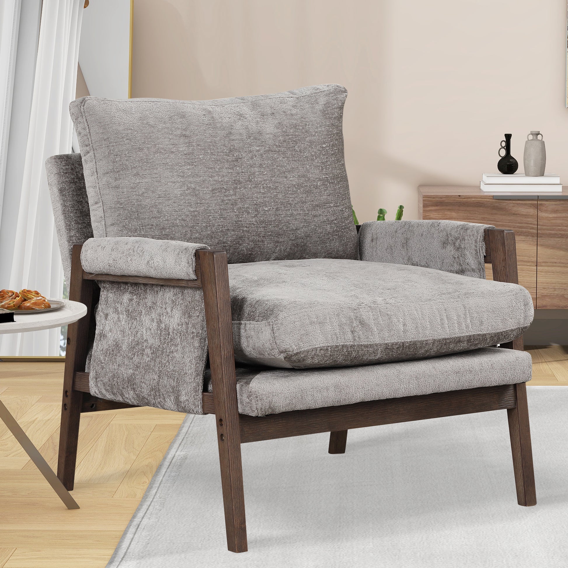 Mid Century Modern Velvet Accent Chair,Leisure Chair With Solid Wood And Thick Seat Cushion For Living Room,Bedroom,Studio,Grey Grey Foam Velvet