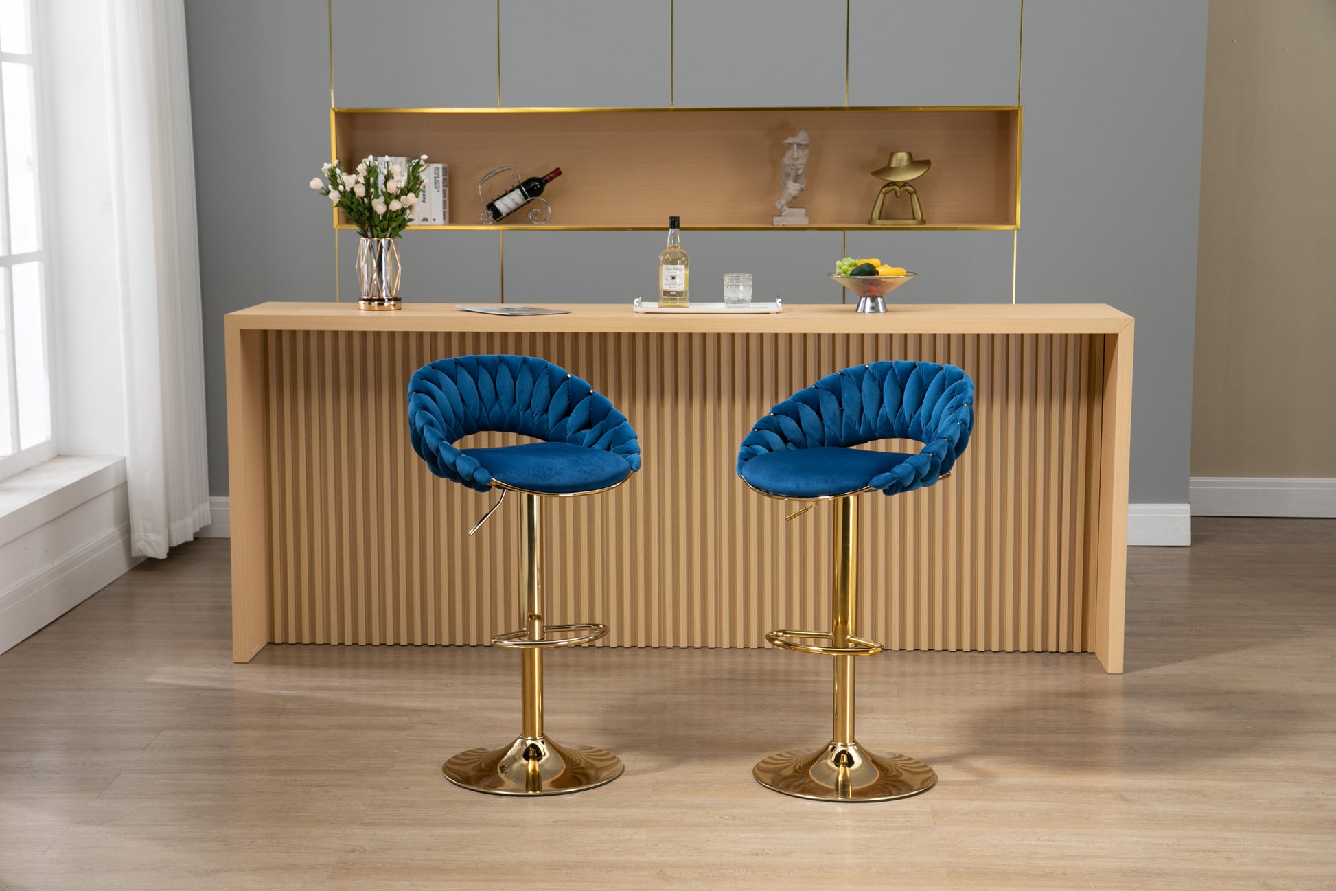 Coolmore Swivel Bar Stools Set Of 2 Adjustable Counter Height Chairs With Footrest For Kitchen, Dining Room 2Pc Set Navy Blue Polyester