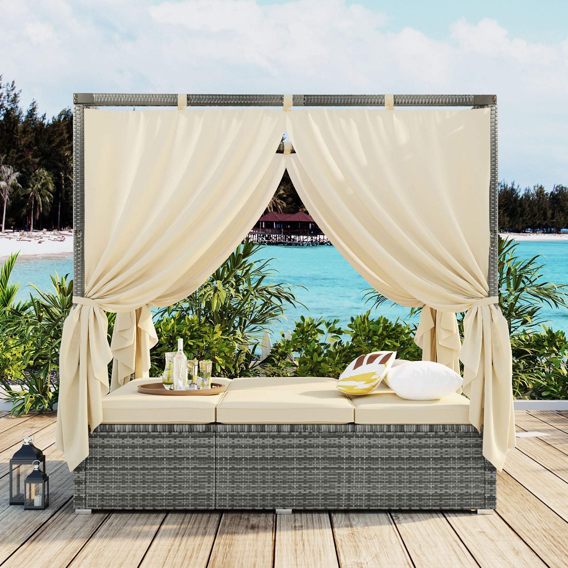 Adjustable Sun Bed With Curtain,High Comfort,With 3 Colors Beige Hdpe