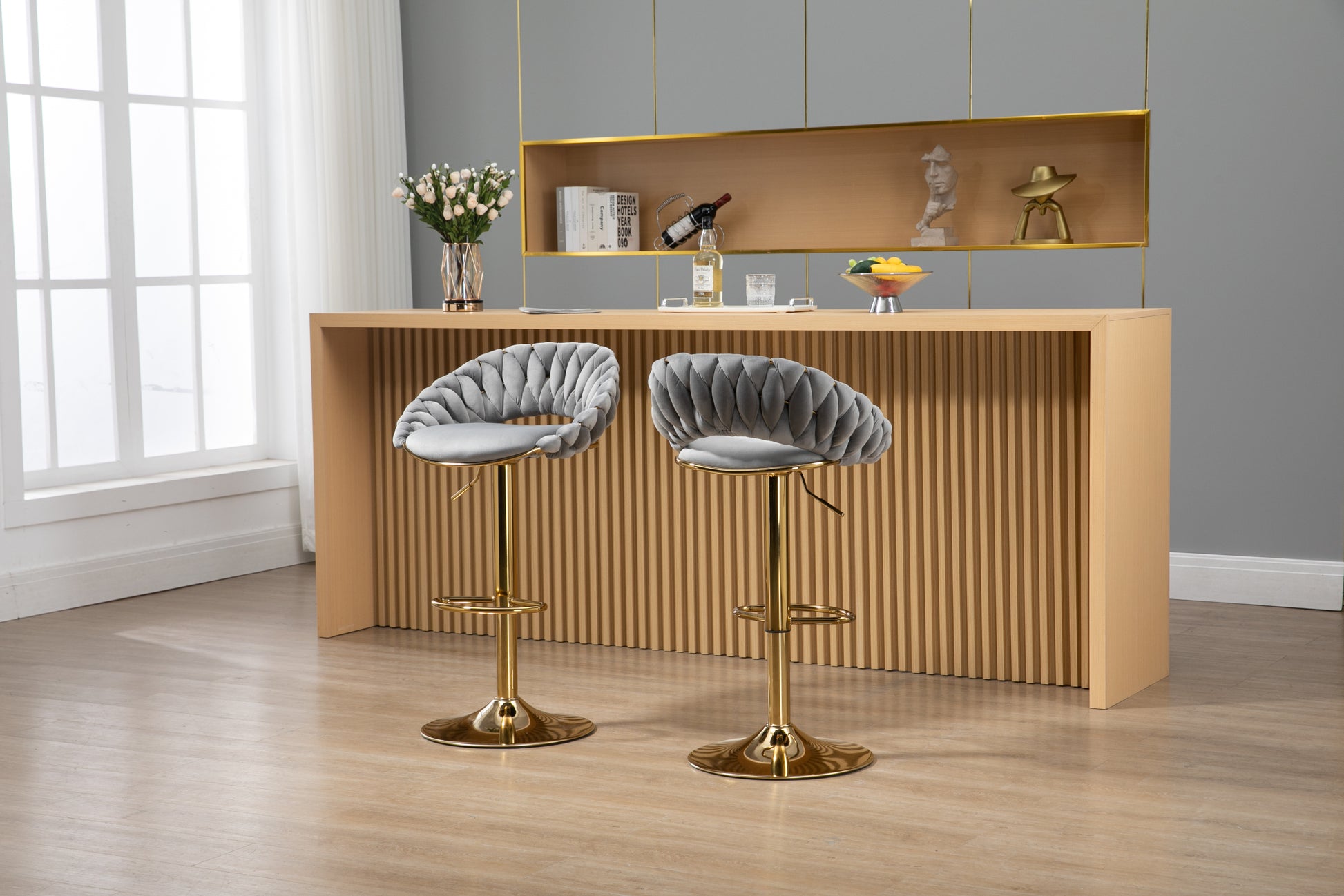 Coolmore Swivel Bar Stools Set Of 2 Adjustable Counter Height Chairs With Footrest For Kitchen, Dining Room 2Pc Set Gray Polyester