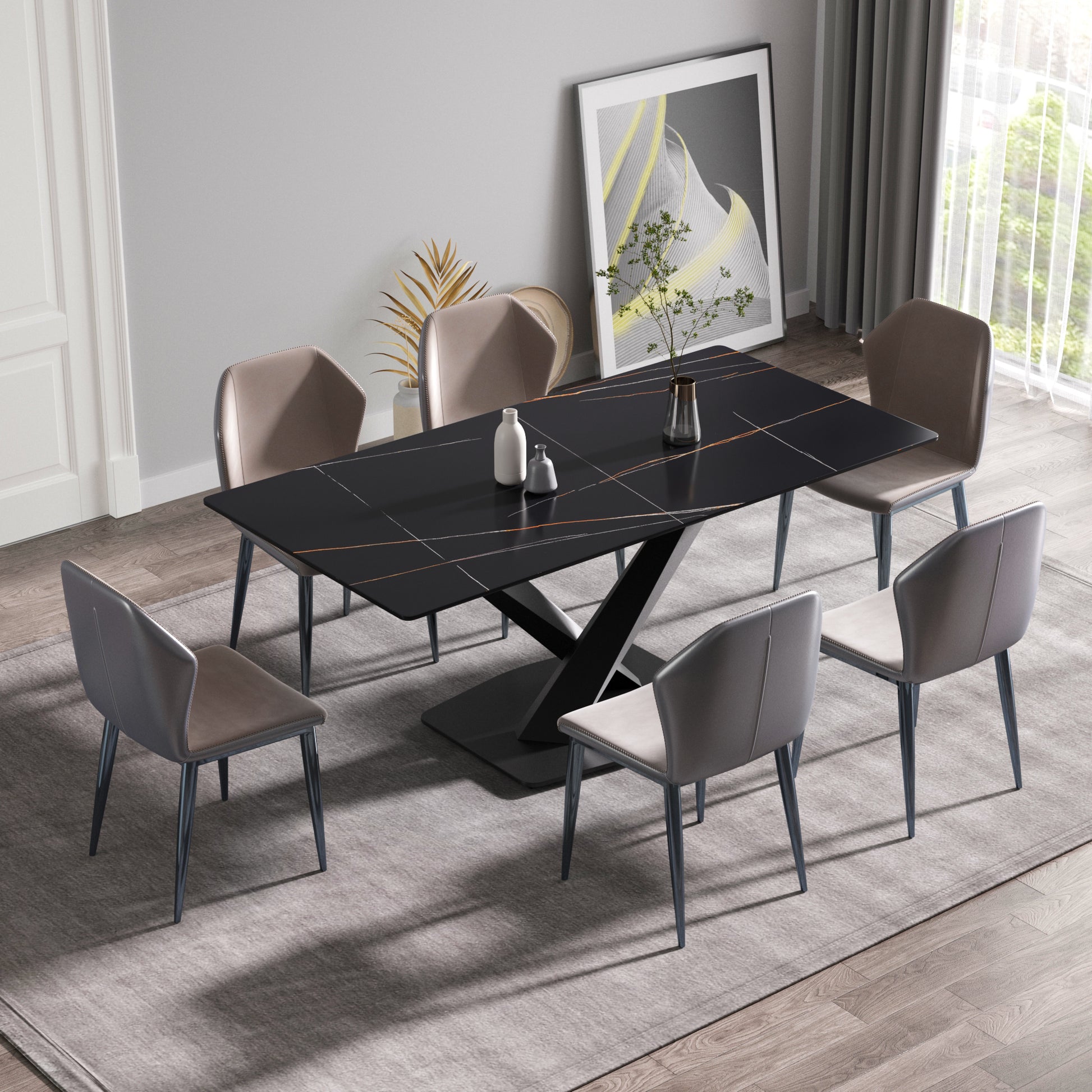 70.87" Modern Artificial Stone Black Straight Edge Black Metal Leg Dining Table Can Accommodate 6 8 People Black Metal Sintered Stone