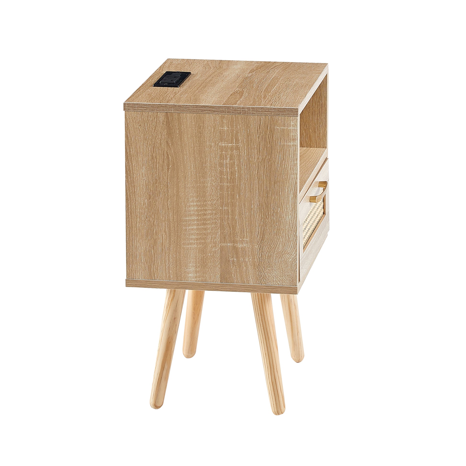 15.75" Rattan End Table With Power Outlet & Usb Portsmodern Nightstand With Drawer And Solid Wood Legs, Side Table For Living Room, Bedroom,Natural Natural Solid Wood Mdf