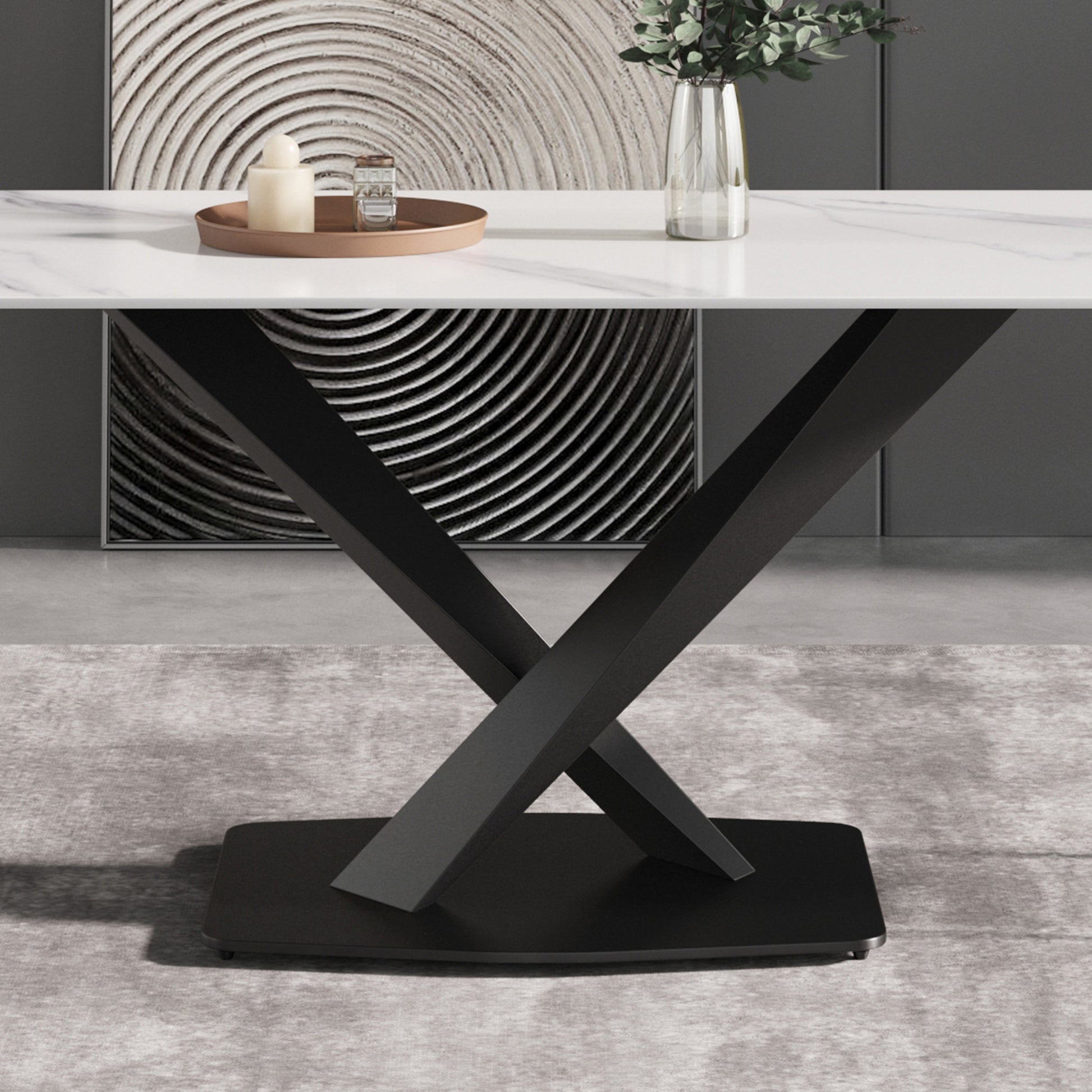 70.87" Modern Artificial Stone White Straight Edge Black Metal Leg Dining Table Can Accommodate 6 8 People White Metal Sintered Stone