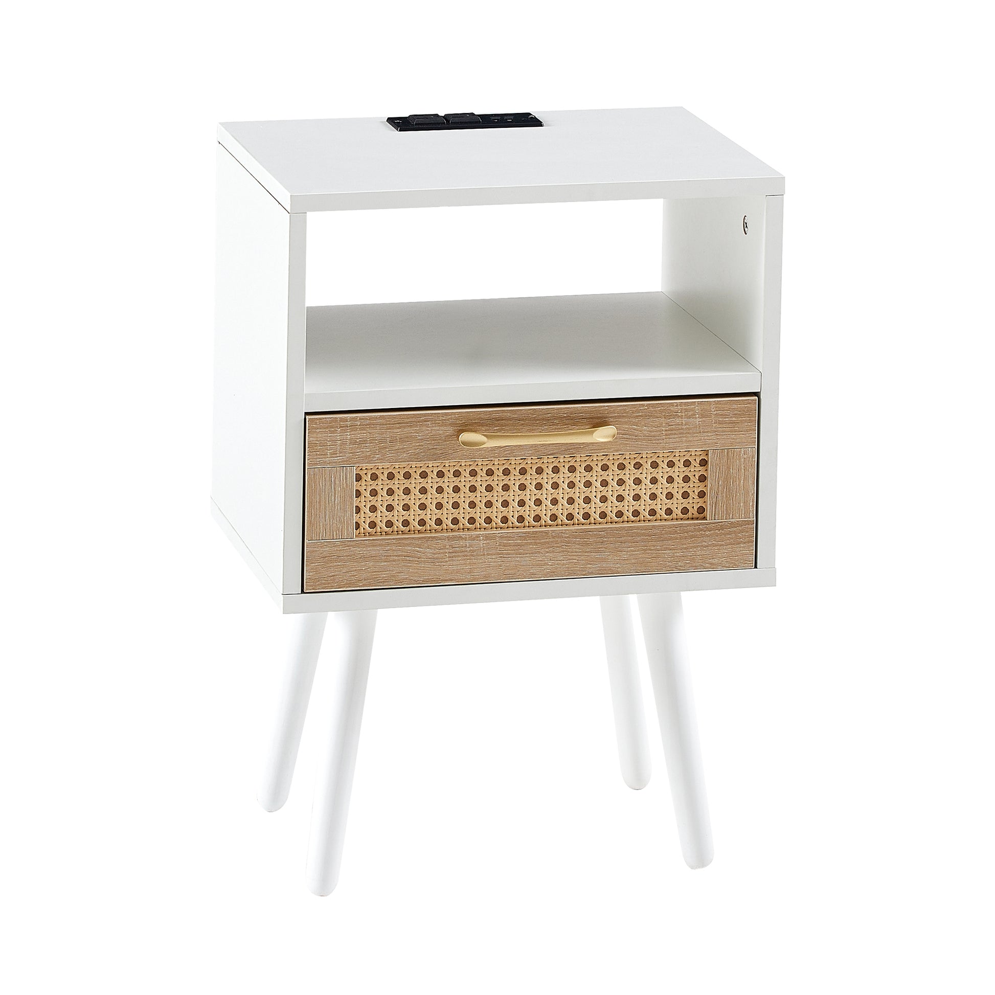 15.75" Rattan End Table With Power Outlet & Usb Portsmodern Nightstand With Drawer And Solid Wood Legs, Side Table For Living Room, Bedroom, White White Solid Wood Mdf