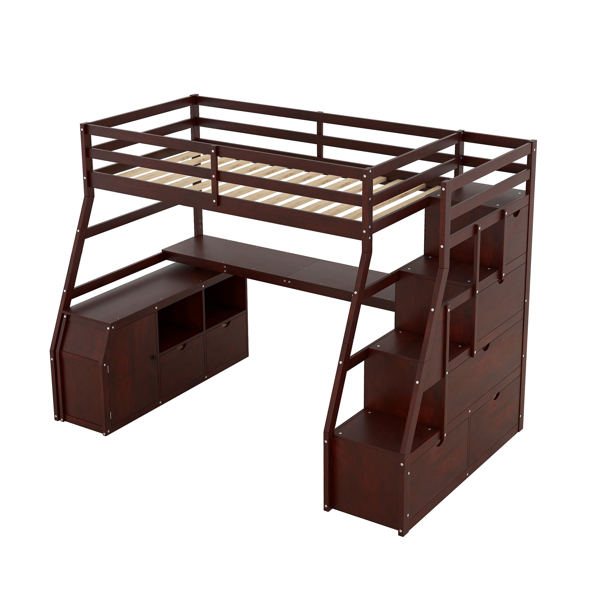 Twin Size Loft Bed With 7 Drawers 2 Shelves And Desk Espresso Espresso Plywood