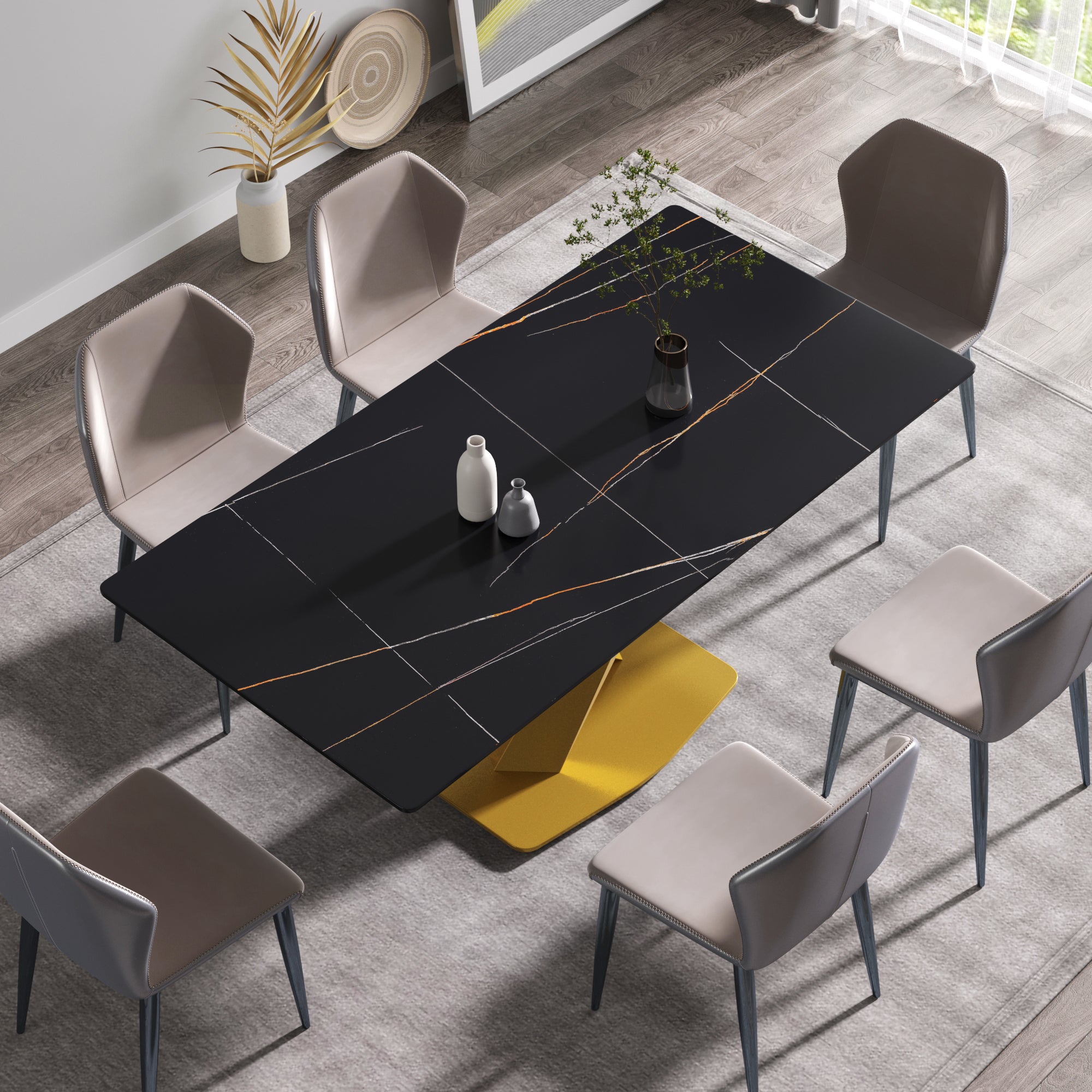 70.87" Modern Artificial Stone Black Straight Edge Golden Metal Leg Dining Table Can Accommodate 6 8 People Black Metal Sintered Stone