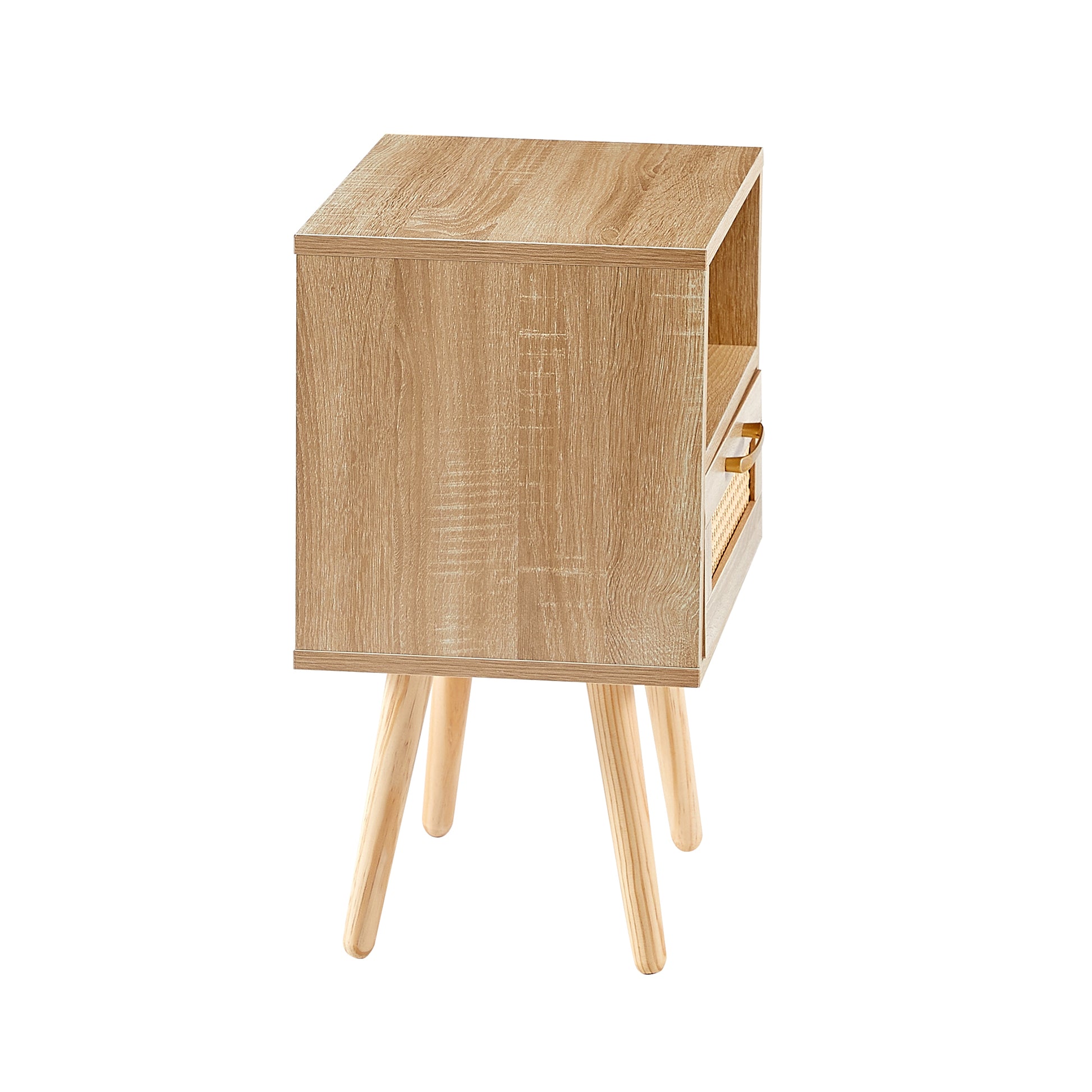 15.75" Rattan End Table With Drawer And Solid Wood Legs, Modern Nightstand, Side Table For Living Room, Bedroom,Natural Natural Solid Wood Mdf