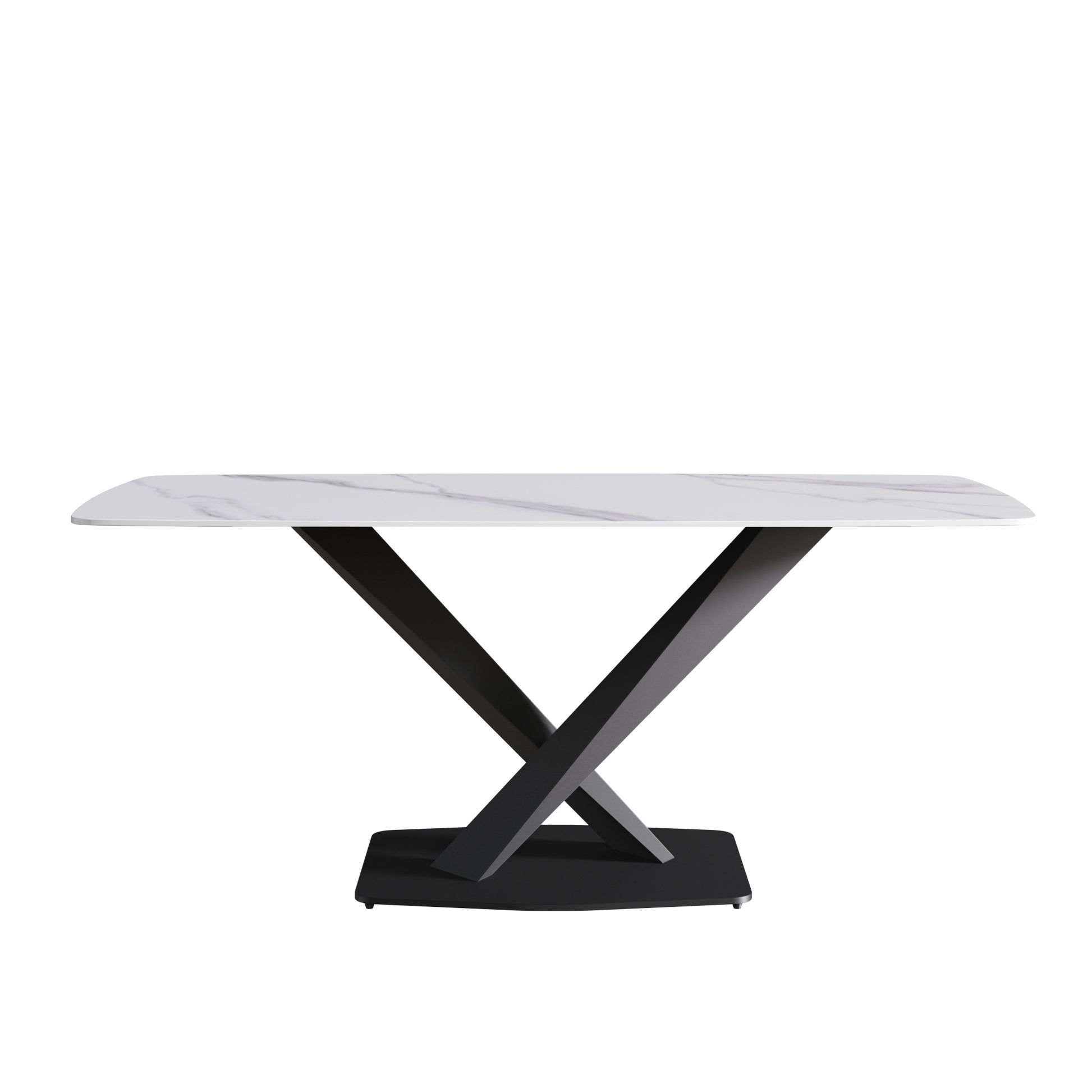 70.87"Modern Artificial Stone White Curved Black Metal Leg Dining Table Can Accommodate 6 8 People White Metal Sintered Stone