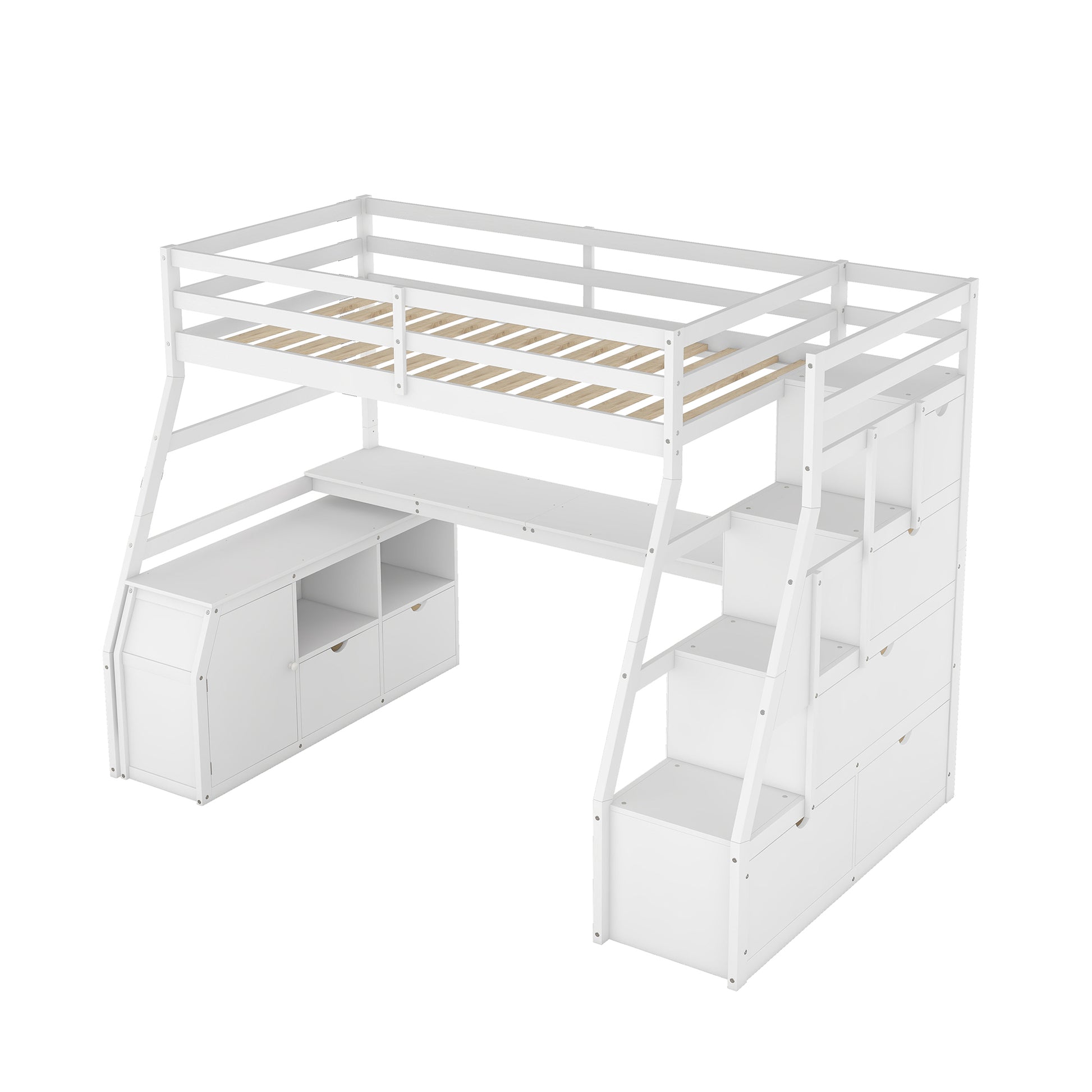 Twin Size Loft Bed With 7 Drawers 2 Shelves And Desk White White Plywood