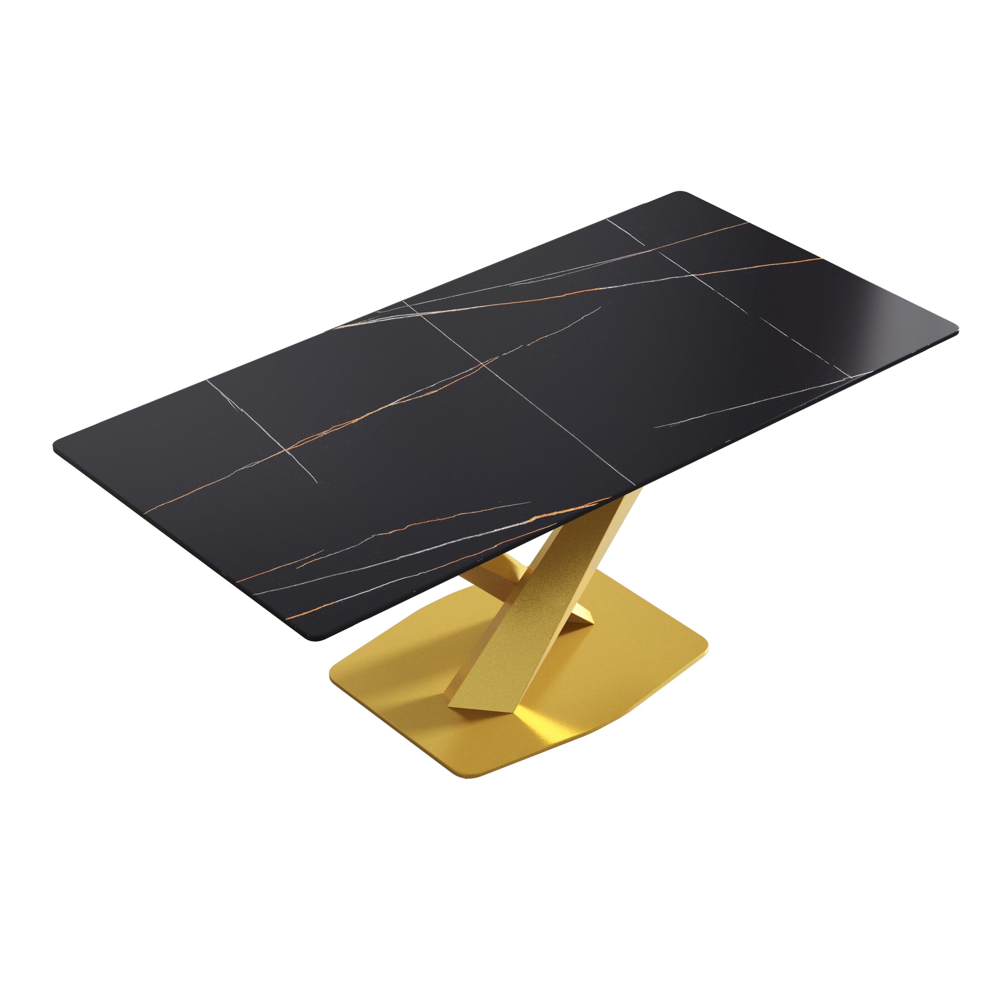 70.87" Modern Artificial Stone Black Straight Edge Golden Metal Leg Dining Table Can Accommodate 6 8 People Black Metal Sintered Stone