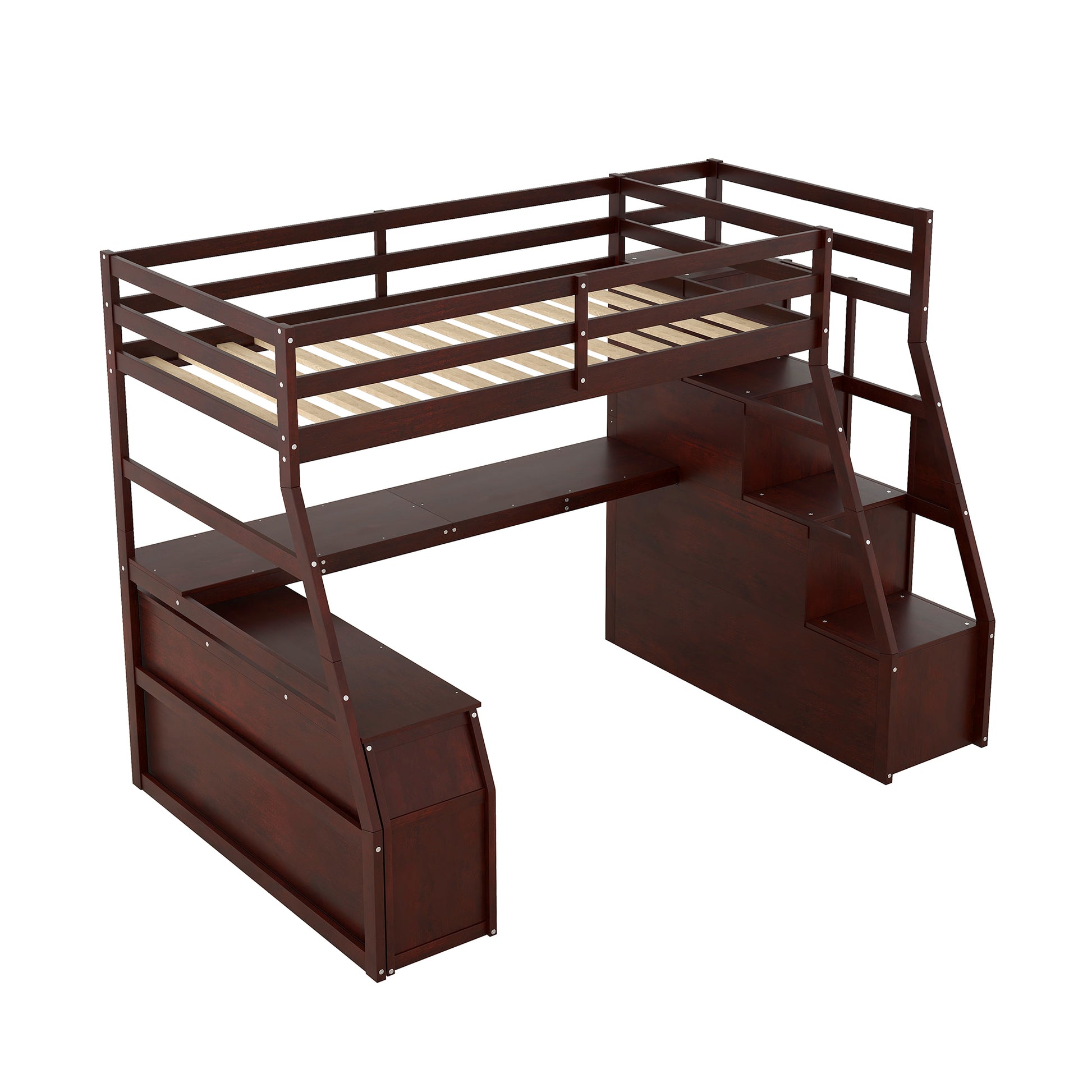 Twin Size Loft Bed With 7 Drawers 2 Shelves And Desk Espresso Espresso Plywood