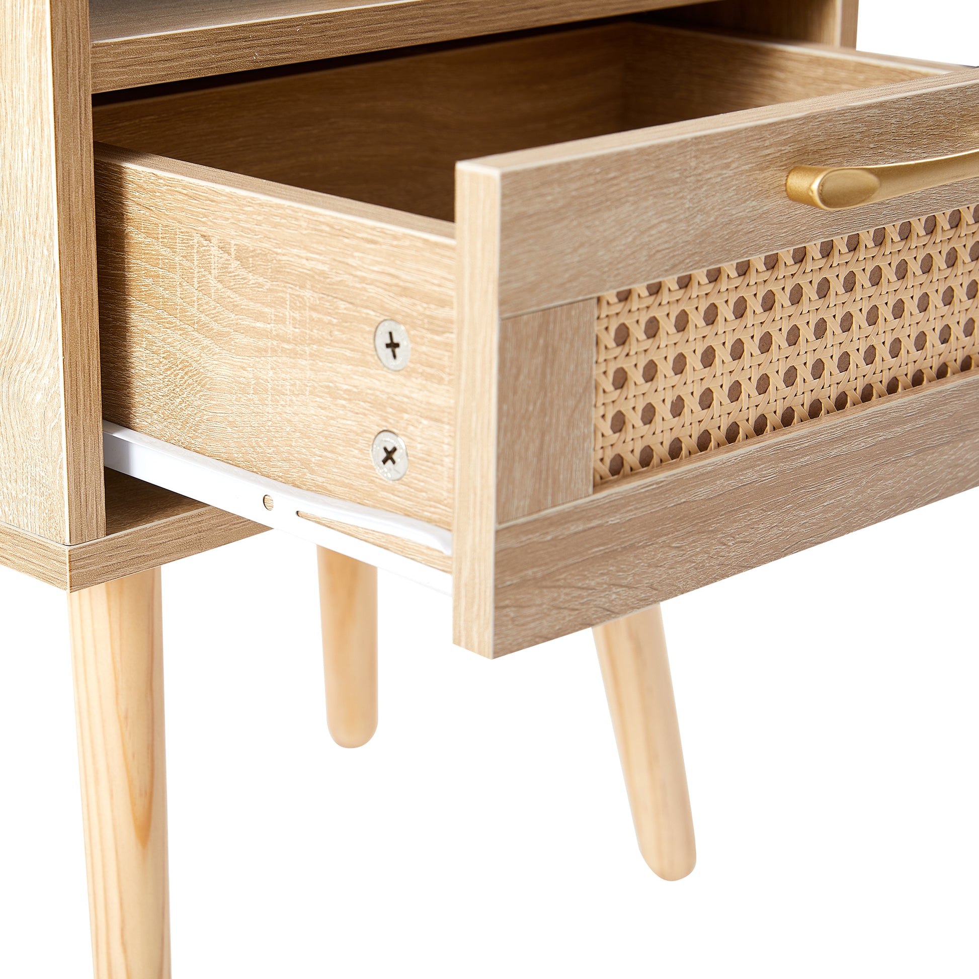 15.75" Rattan End Table With Drawer And Solid Wood Legs, Modern Nightstand, Side Table For Living Room, Bedroom,Natural Natural Solid Wood Mdf