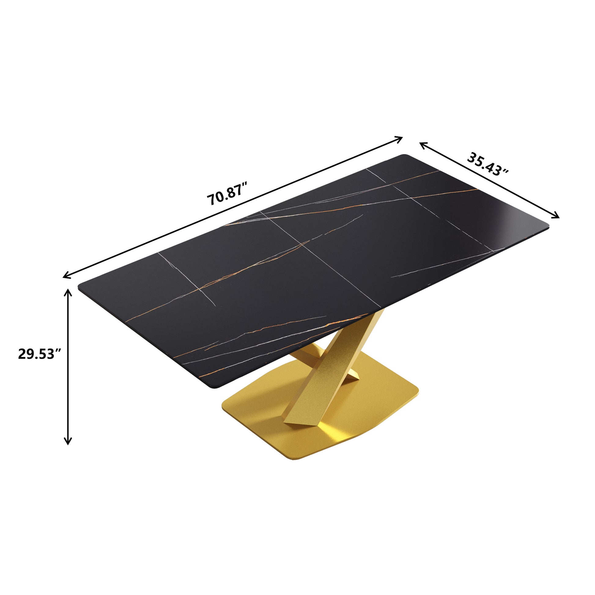 70.87" Modern Artificial Stone Black Straight Edge Golden Metal Leg Dining Table Can Accommodate 6 8 People Black Metal Sintered Stone