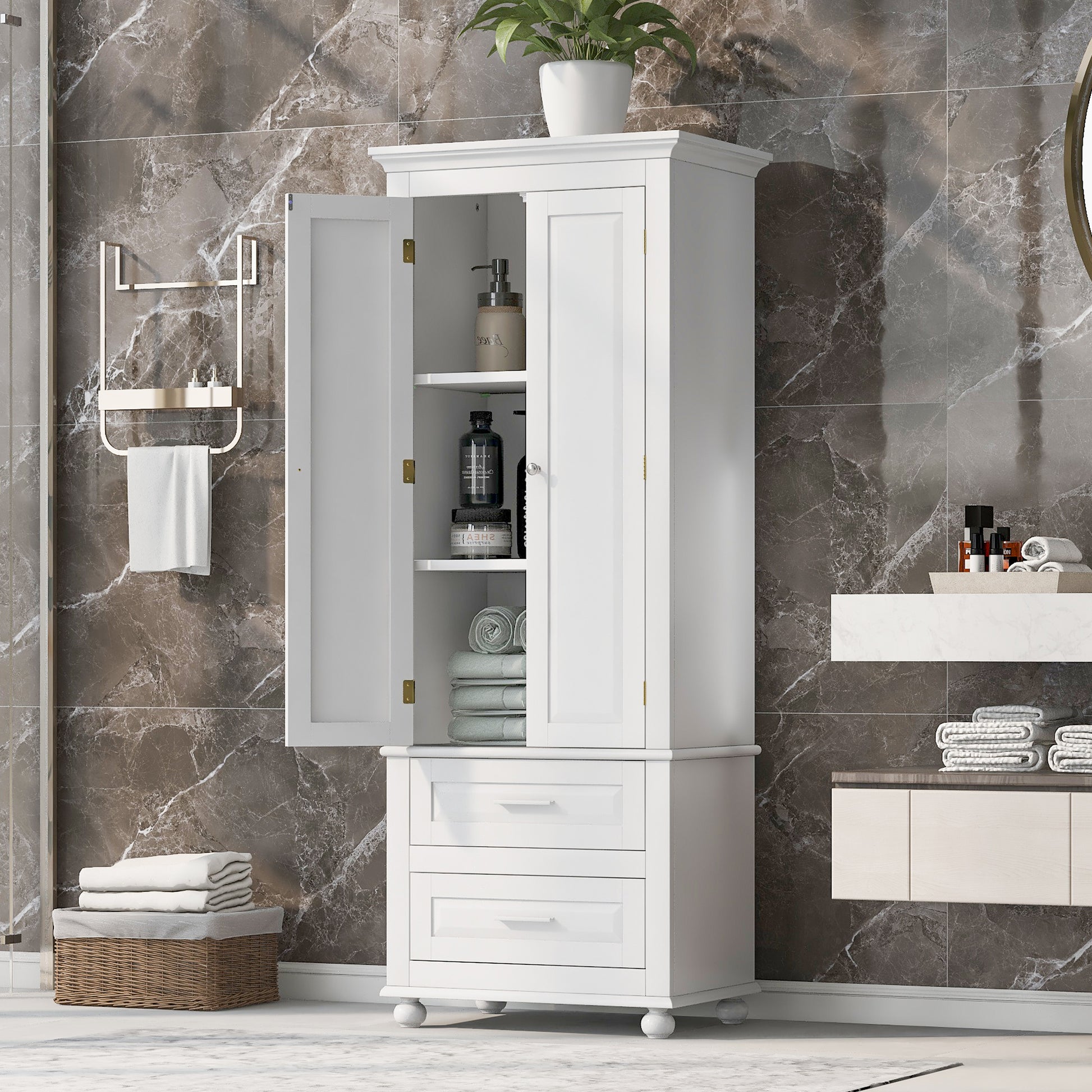 Tall Storage Cabinet With Two Drawers For Bathroom Office, White White Mdf