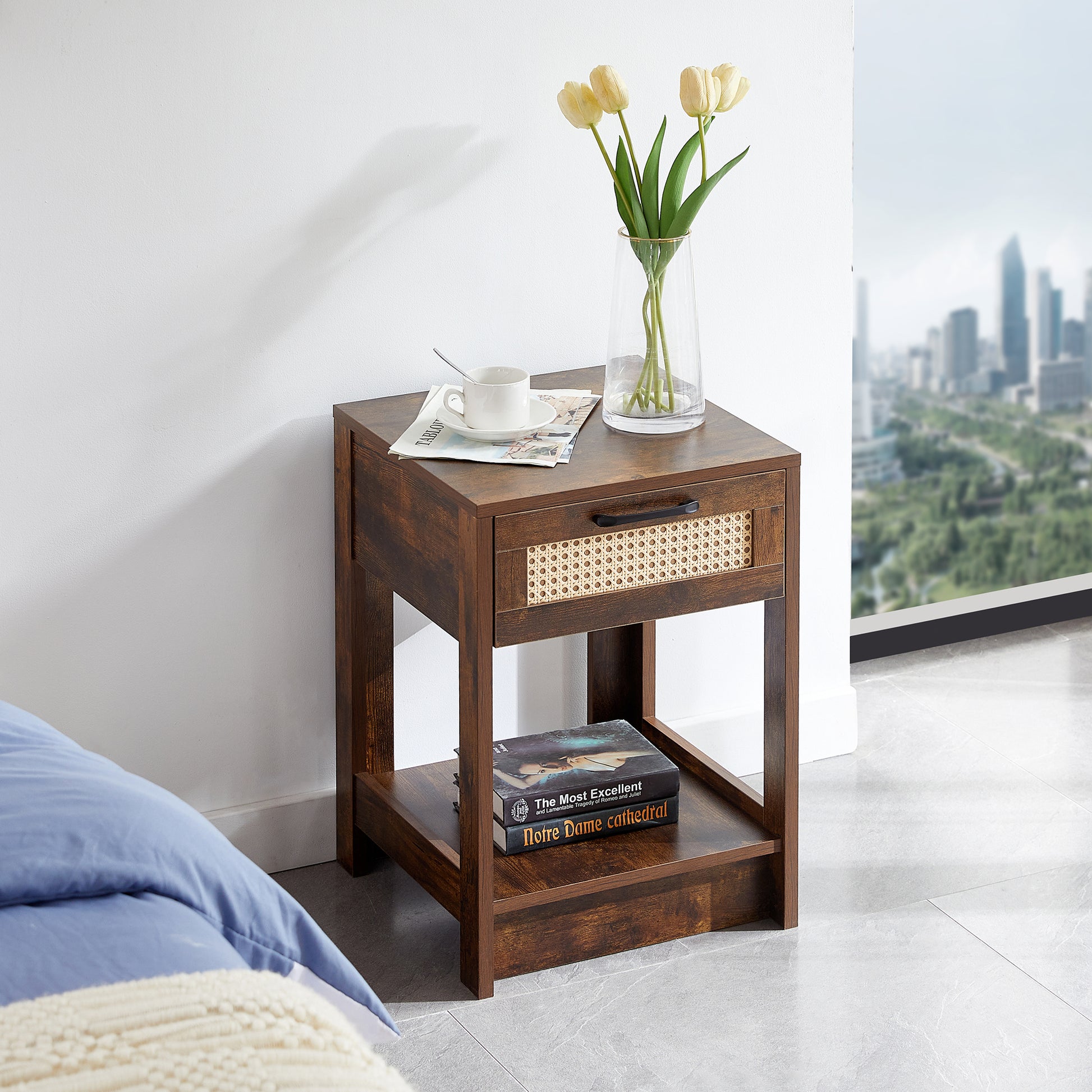 15.75" Rattan End Table With Drawer, Modern Nightstand, Side Table For Living Room, Bedroom,Rustic Brown Rustic Brown Mdf