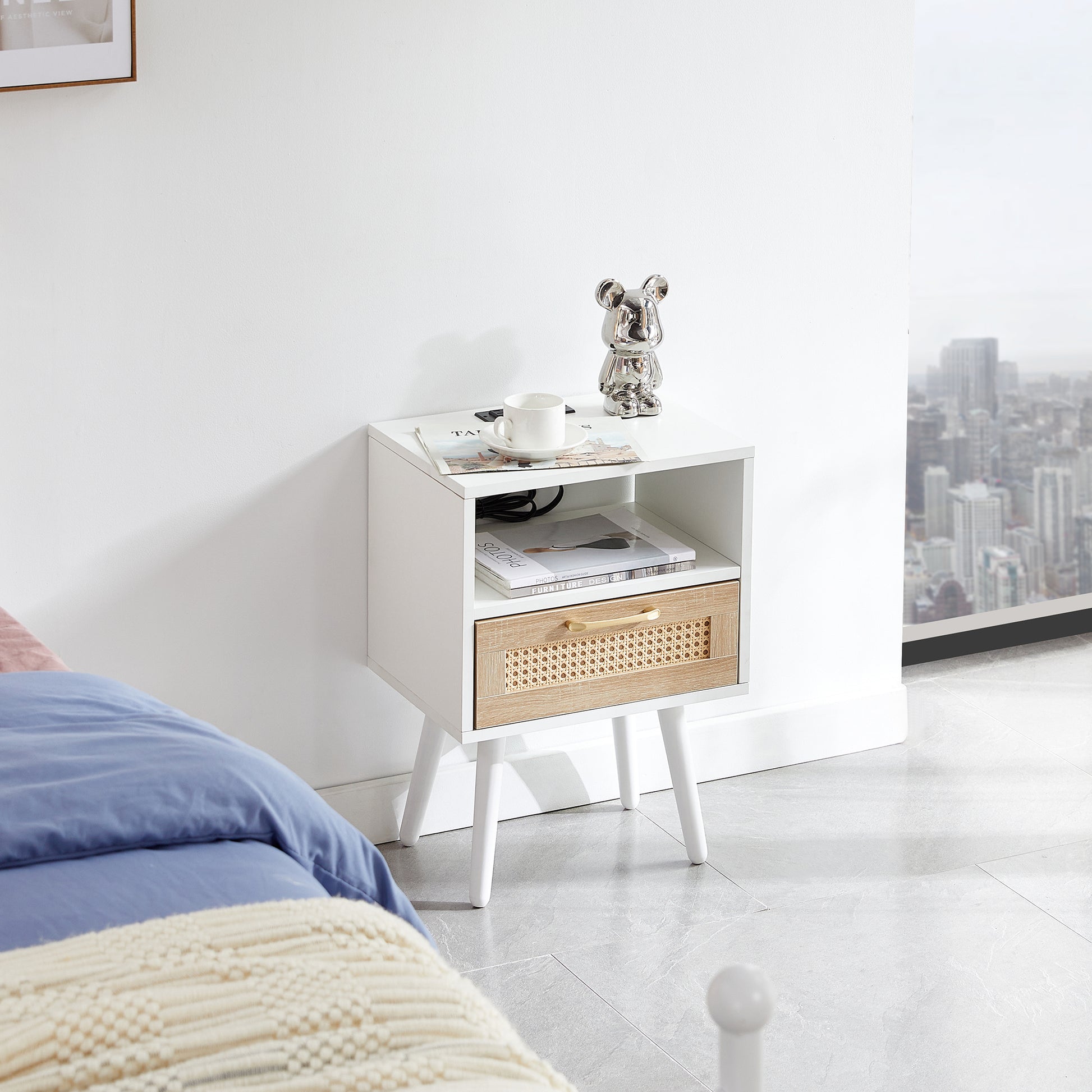 15.75" Rattan End Table With Power Outlet & Usb Portsmodern Nightstand With Drawer And Solid Wood Legs, Side Table For Living Room, Bedroom, White White Solid Wood Mdf