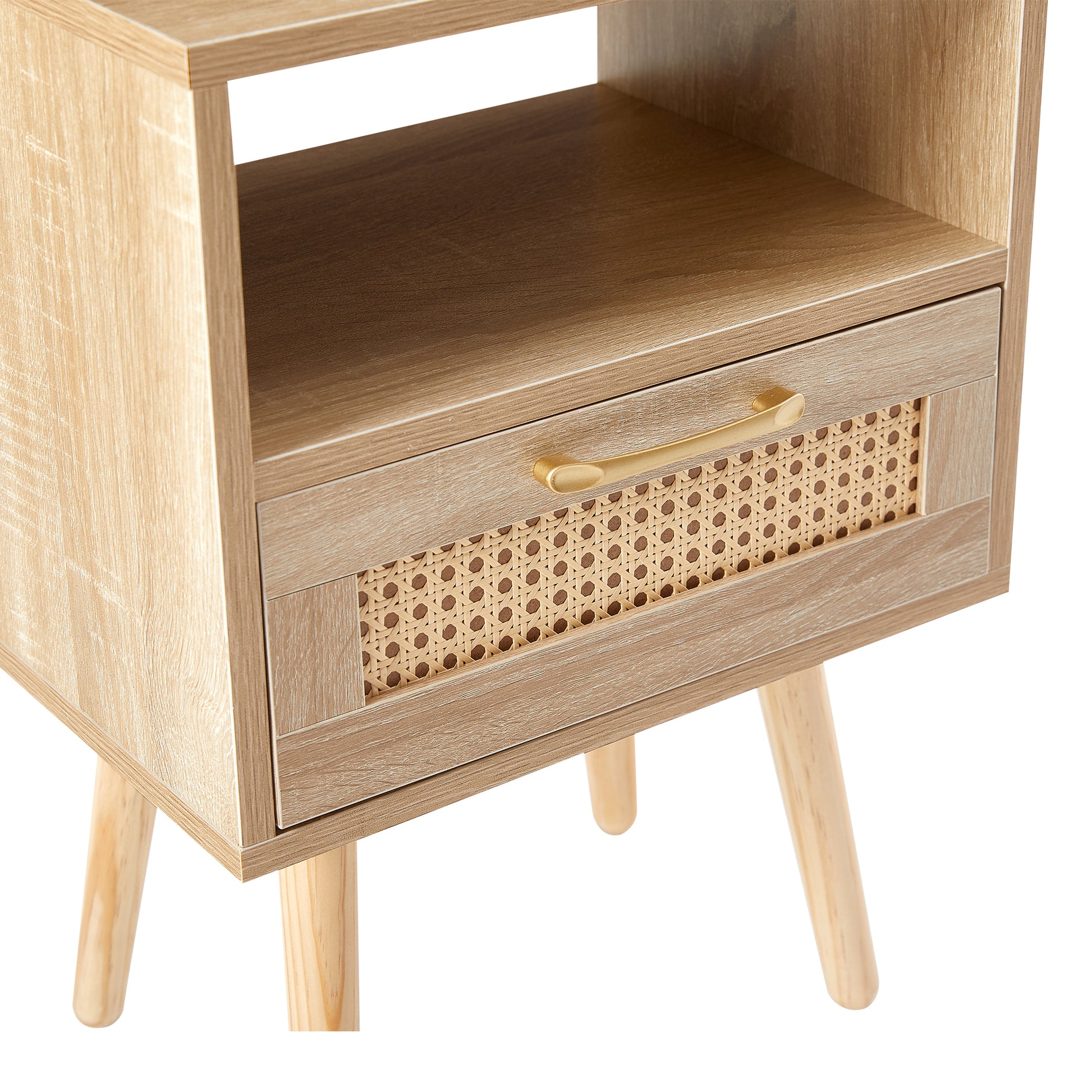 15.75" Rattan End Table With Drawer And Solid Wood Legs, Modern Nightstand, Side Table For Living Room, Bedroom,Natural Natural Solid Wood Mdf
