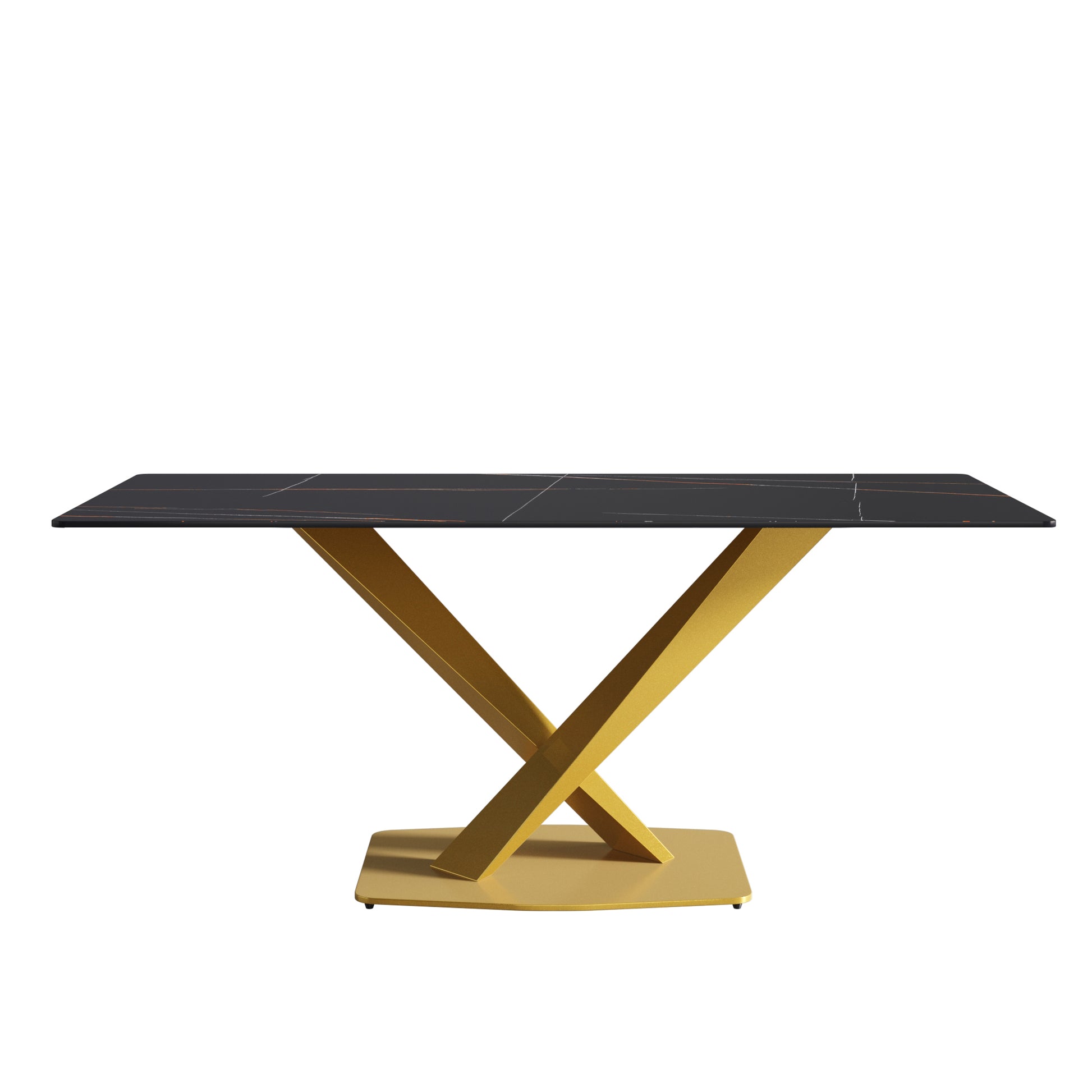 70.87" Modern Artificial Stone Black Straight Edge Golden Metal Leg Dining Table Can Accommodate 6 8 People Black Metal Sintered Stone