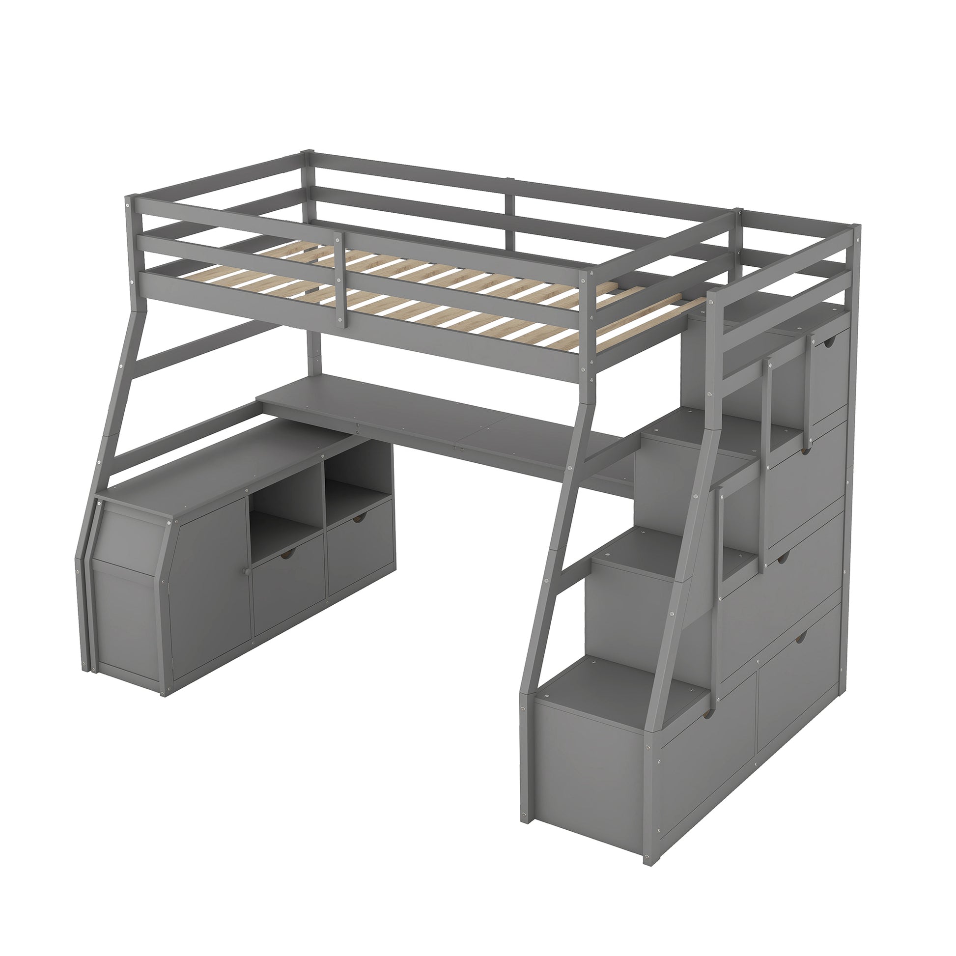 Twin Size Loft Bed With 7 Drawers 2 Shelves And Desk Gray Gray Plywood