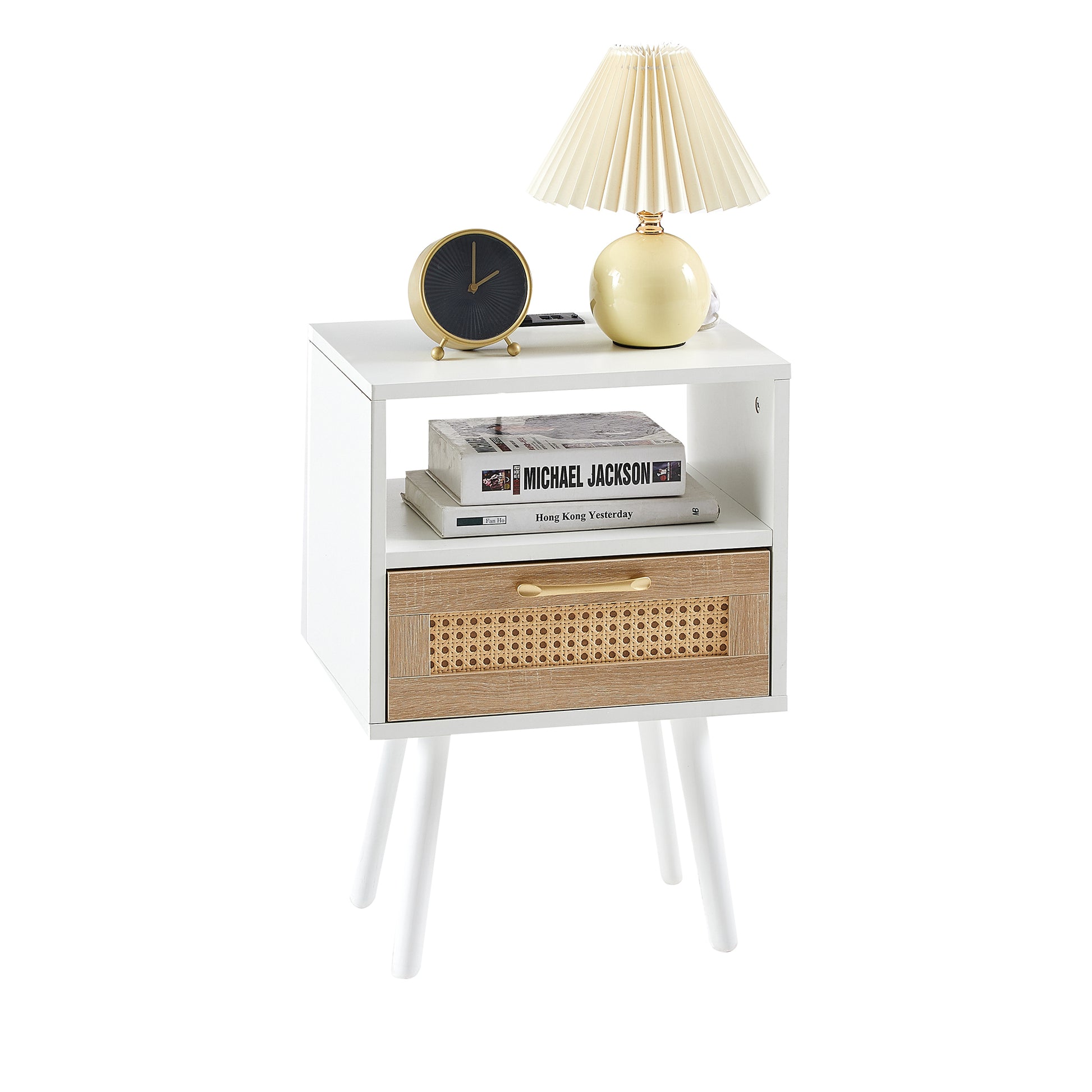 15.75" Rattan End Table With Power Outlet & Usb Portsmodern Nightstand With Drawer And Solid Wood Legs, Side Table For Living Room, Bedroom, White White Solid Wood Mdf