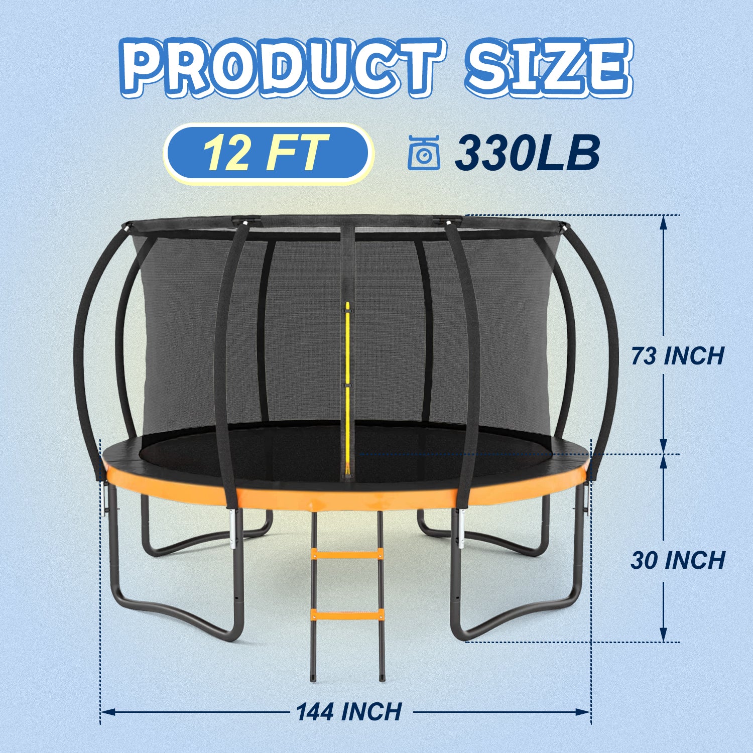 12Ft Outdoor Big Trampoline With Inner Safety Enclosure Net, Ladder, Pvc Spring Cover Padding, For Kids, Black&Orange Color Orange Metal