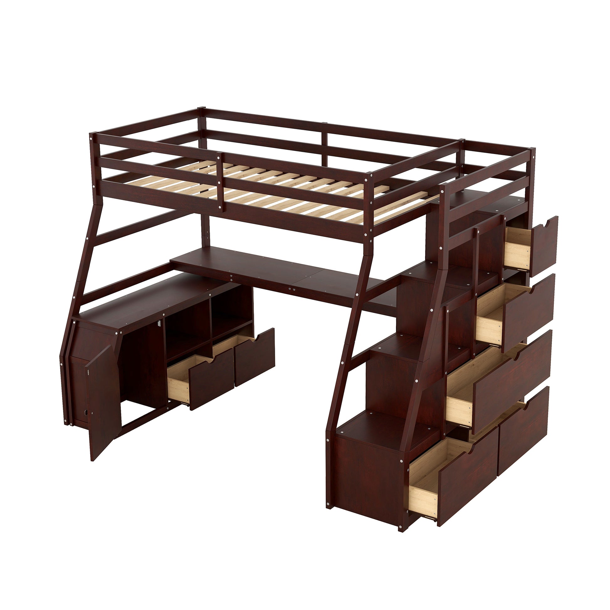 Twin Size Loft Bed With 7 Drawers 2 Shelves And Desk Espresso Espresso Plywood