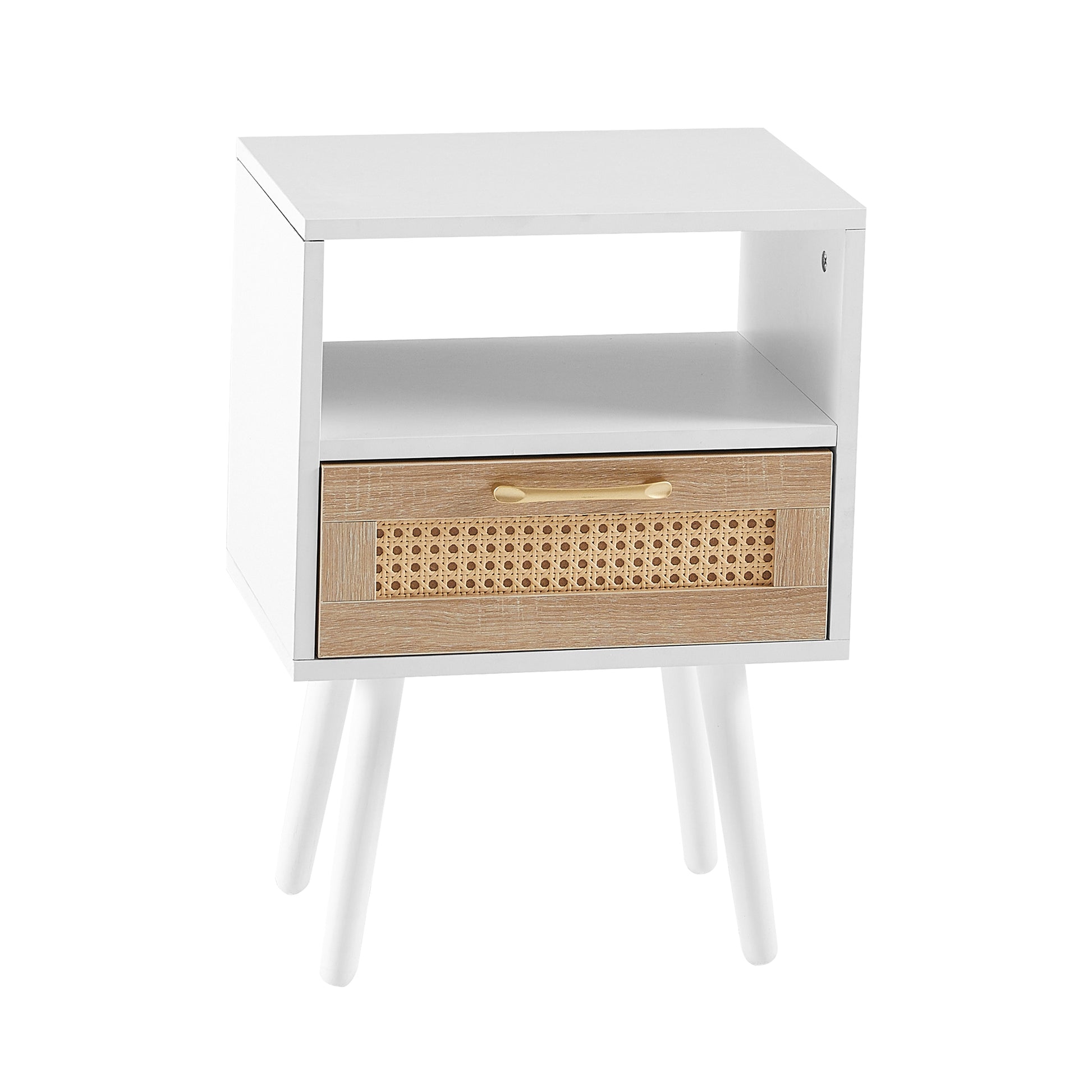 15.75" Rattan End Table With Drawer And Solid Wood Legs, Modern Nightstand, Side Table For Living Room, Bedroom, White White Solid Wood Mdf