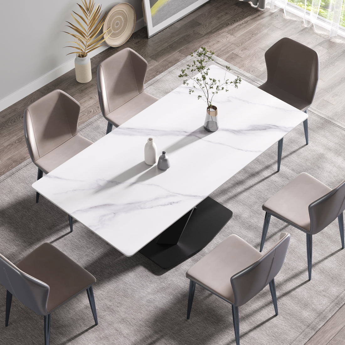 70.87" Modern Artificial Stone White Straight Edge Black Metal Leg Dining Table Can Accommodate 6 8 People White Metal Sintered Stone