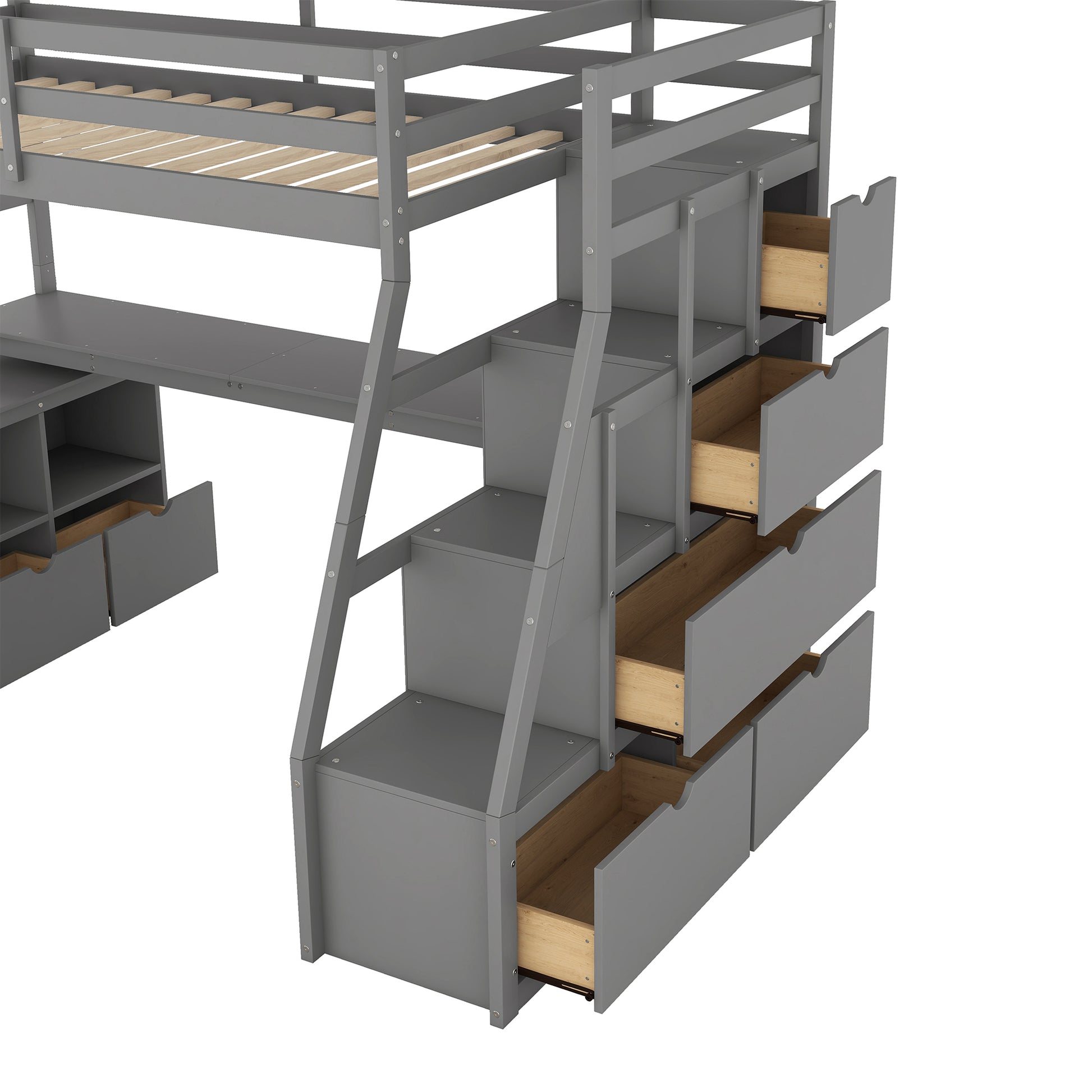 Twin Size Loft Bed With 7 Drawers 2 Shelves And Desk Gray Gray Plywood