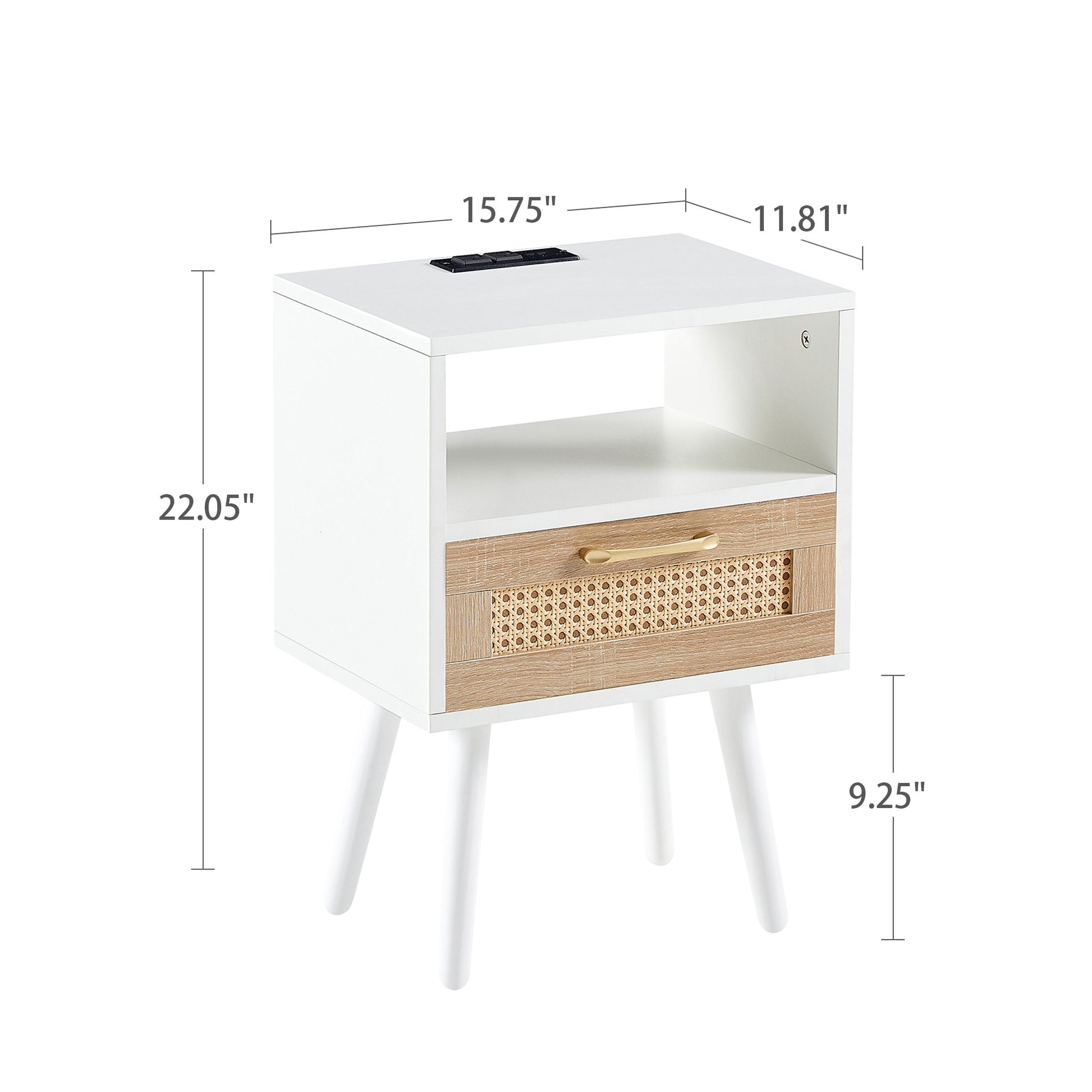 15.75" Rattan End Table With Power Outlet & Usb Portsmodern Nightstand With Drawer And Solid Wood Legs, Side Table For Living Room, Bedroom, White White Solid Wood Mdf