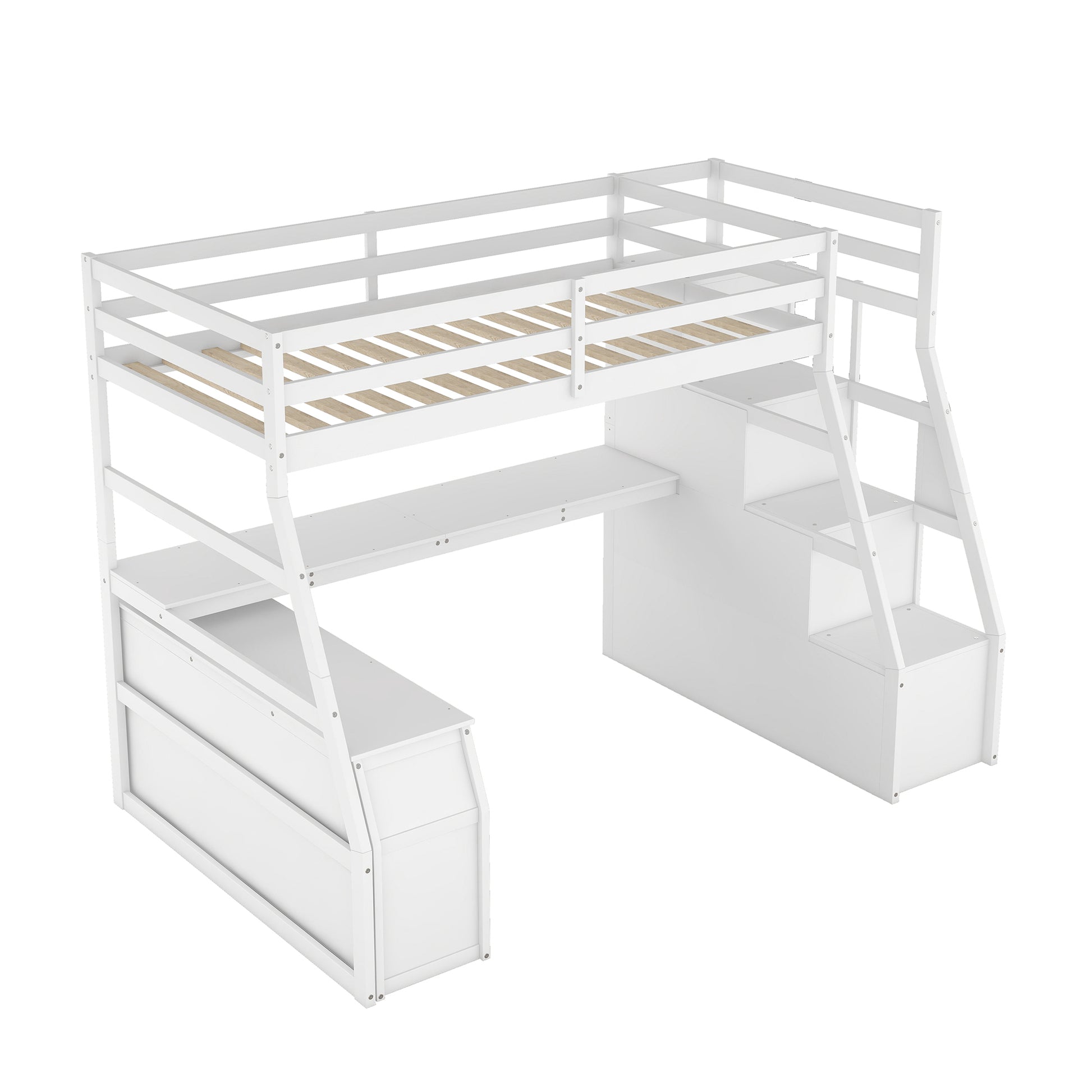 Twin Size Loft Bed With 7 Drawers 2 Shelves And Desk White White Plywood