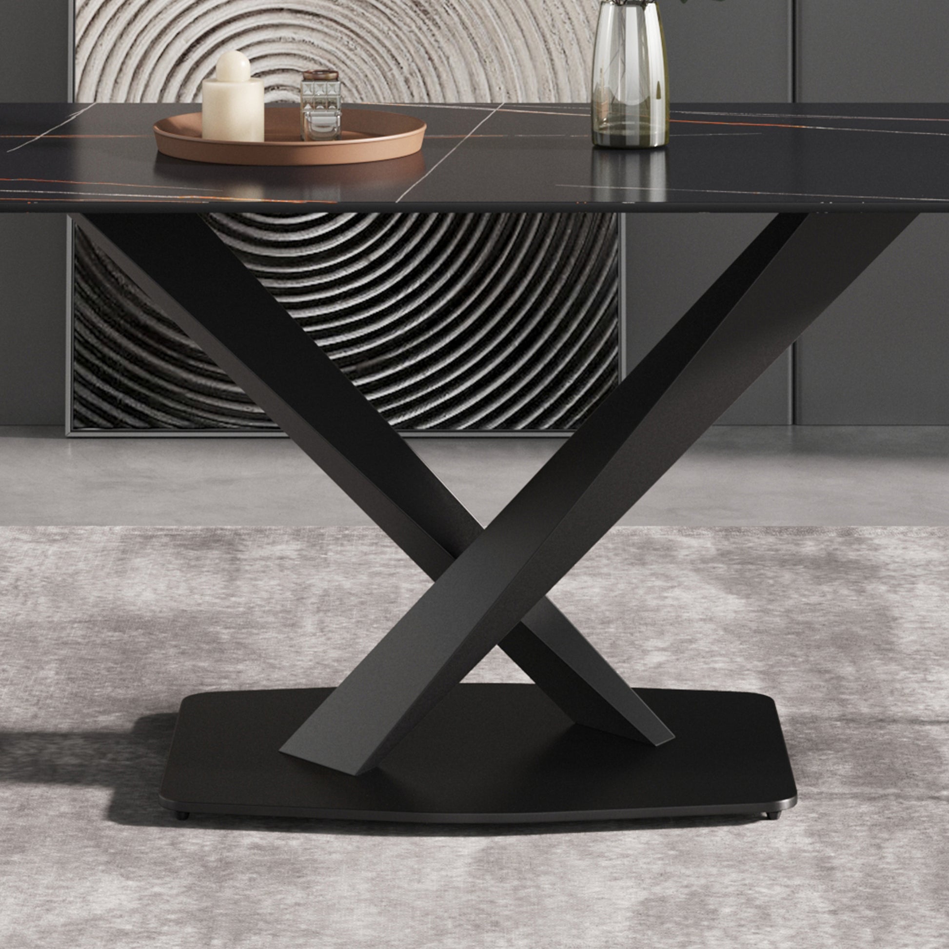 70.87" Modern Artificial Stone Black Straight Edge Black Metal Leg Dining Table Can Accommodate 6 8 People Black Metal Sintered Stone