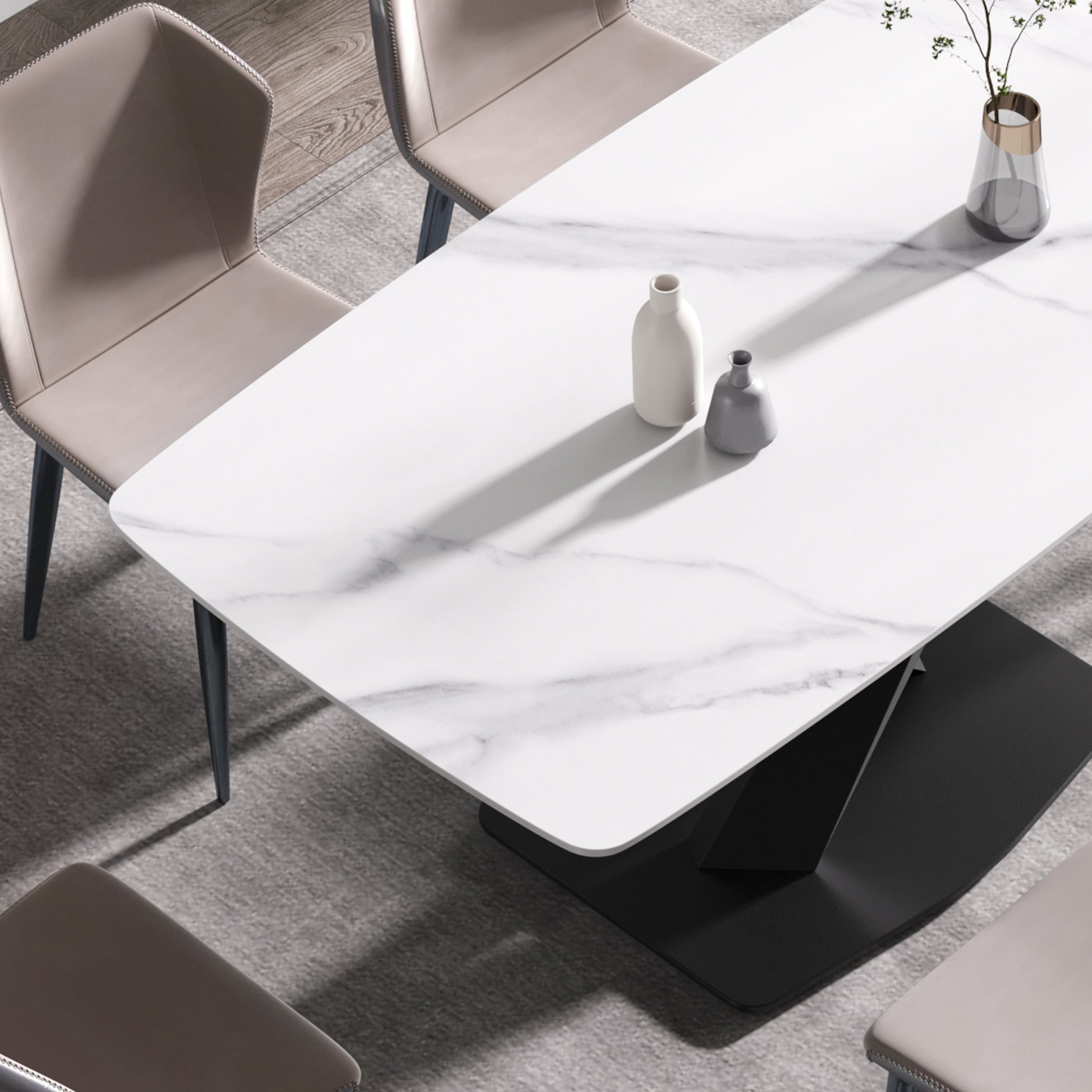 70.87"Modern Artificial Stone White Curved Black Metal Leg Dining Table Can Accommodate 6 8 People White Metal Sintered Stone