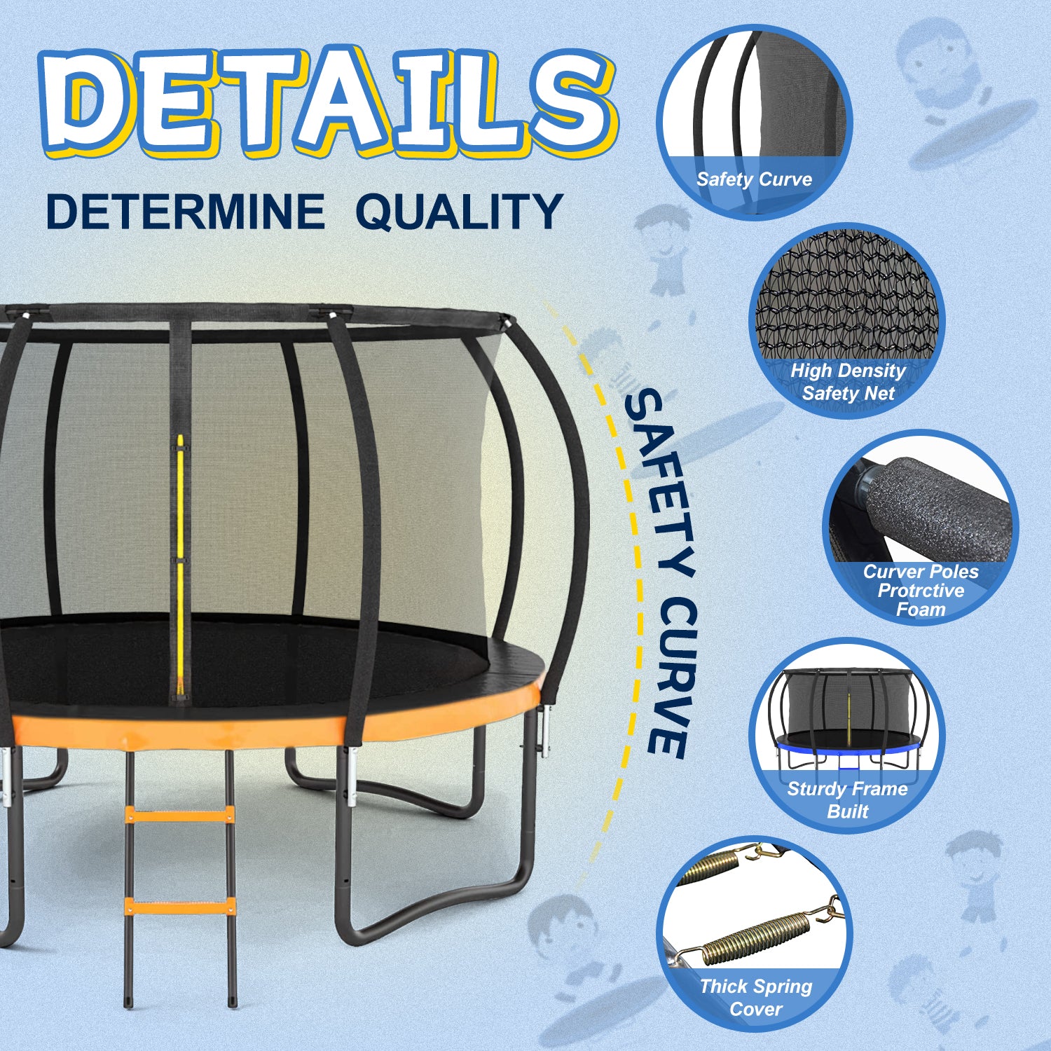 12Ft Outdoor Big Trampoline With Inner Safety Enclosure Net, Ladder, Pvc Spring Cover Padding, For Kids, Black&Orange Color Orange Metal