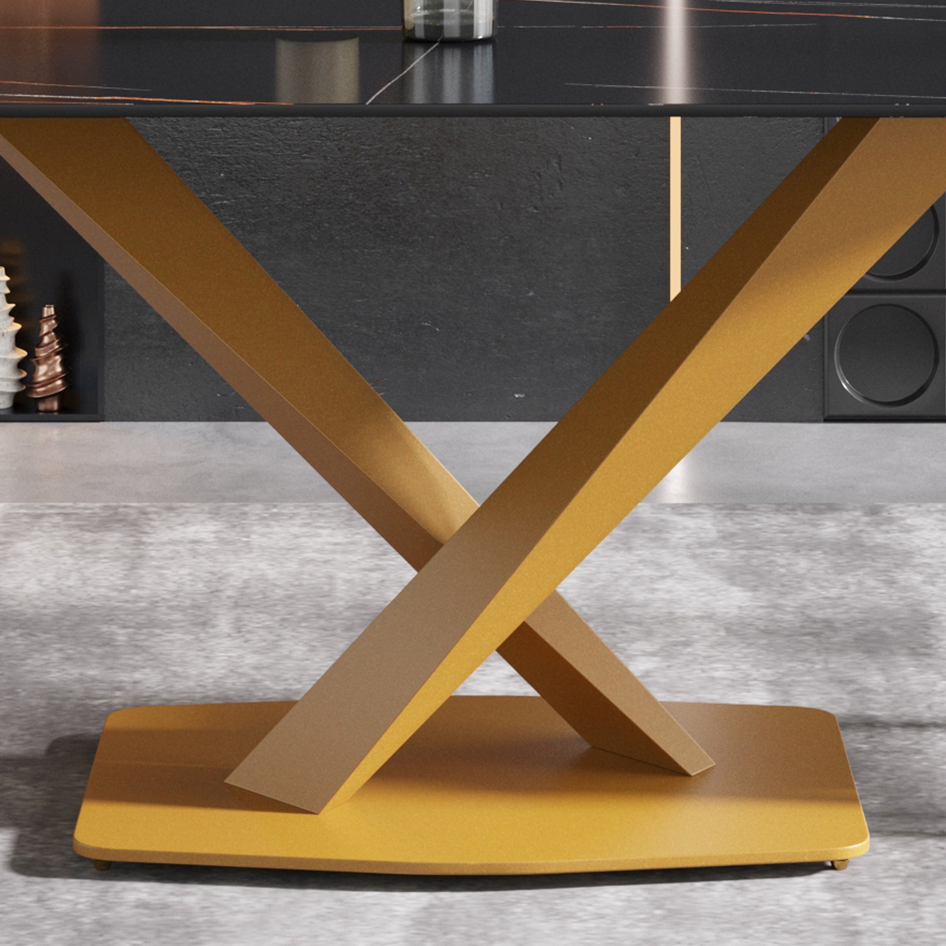 70.87" Modern Artificial Stone Black Straight Edge Golden Metal Leg Dining Table Can Accommodate 6 8 People Black Metal Sintered Stone