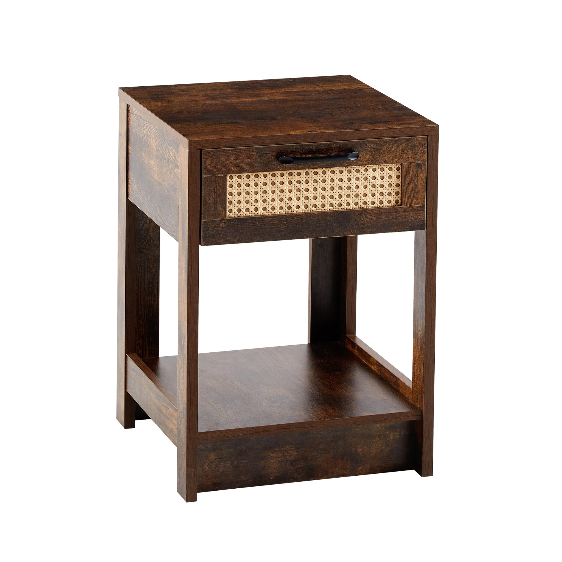 15.75" Rattan End Table With Drawer, Modern Nightstand, Side Table For Living Room, Bedroom,Rustic Brown Rustic Brown Mdf